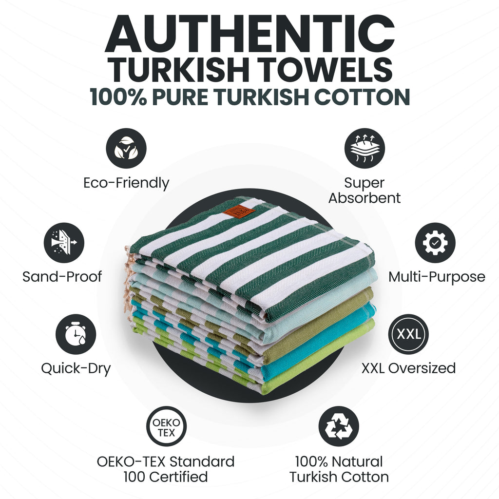 Gold CASE Turkish Beach Towel Set of 5 – 100% Cotton Beach Towels Oversized 70x38'' – MYRA Quick Dry Swim Towel – Lightweight Turkish Towels Set in Green