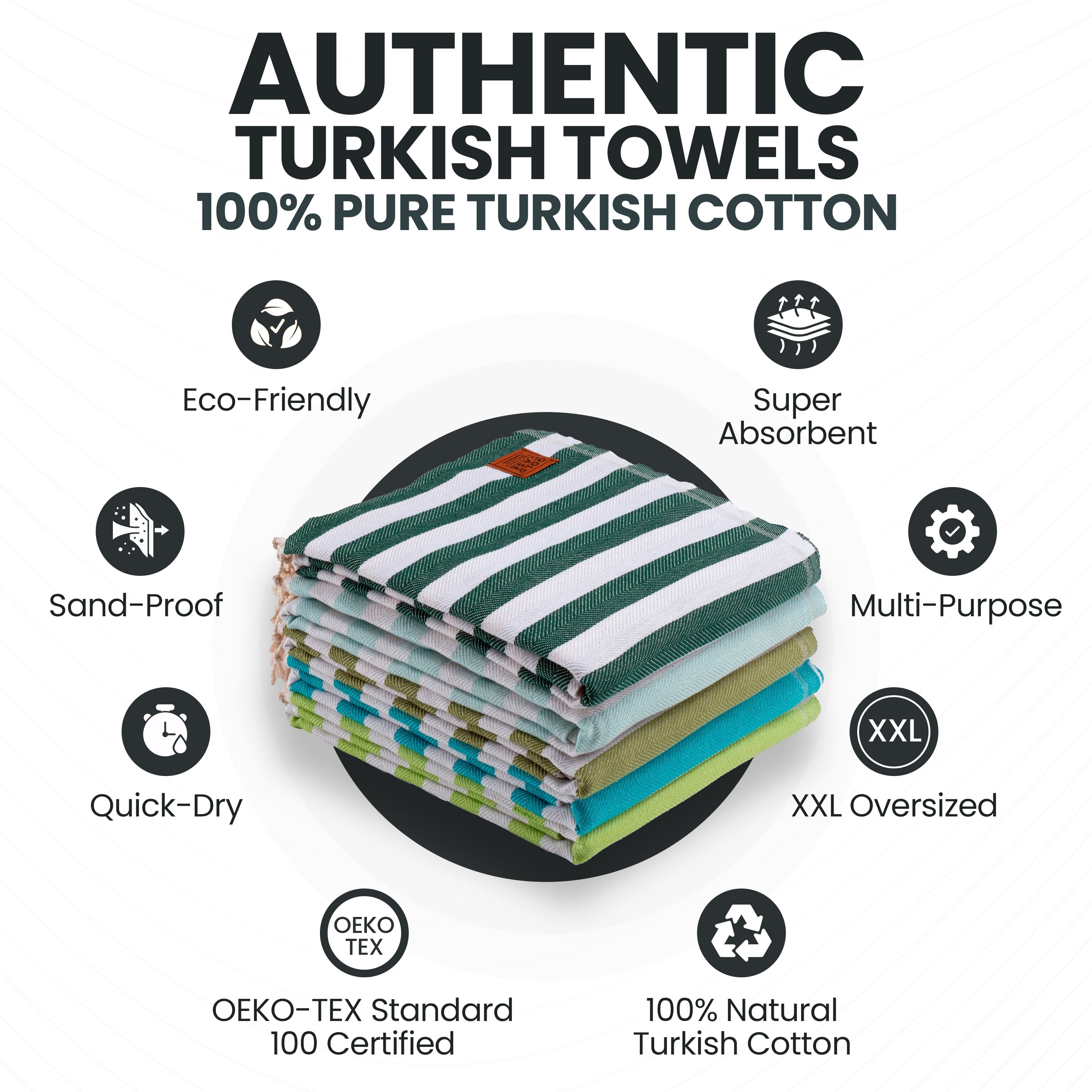 Gold CASE Turkish Beach Towel Set of 5 – 100% Cotton Beach Towels Oversized 70x38'' – MYRA Quick Dry Swim Towel – Lightweight Turkish Towels Set in Green