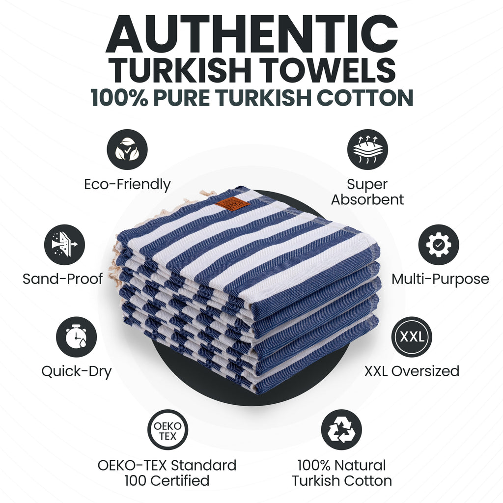 Gold CASE Turkish Beach Towel Set of 5 – 100% Cotton Beach Towels Oversized 70x38'' – MYRA Quick Dry Swim Towel – Lightweight Turkish Towels Set in Navy Blue