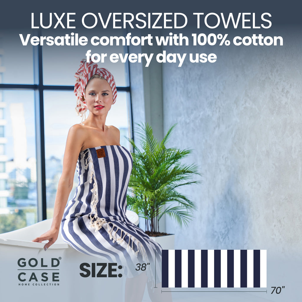 Gold CASE Turkish Beach Towel Set of 5 – 100% Cotton Beach Towels Oversized 70x38'' – MYRA Quick Dry Swim Towel – Lightweight Turkish Towels Set in Navy Blue