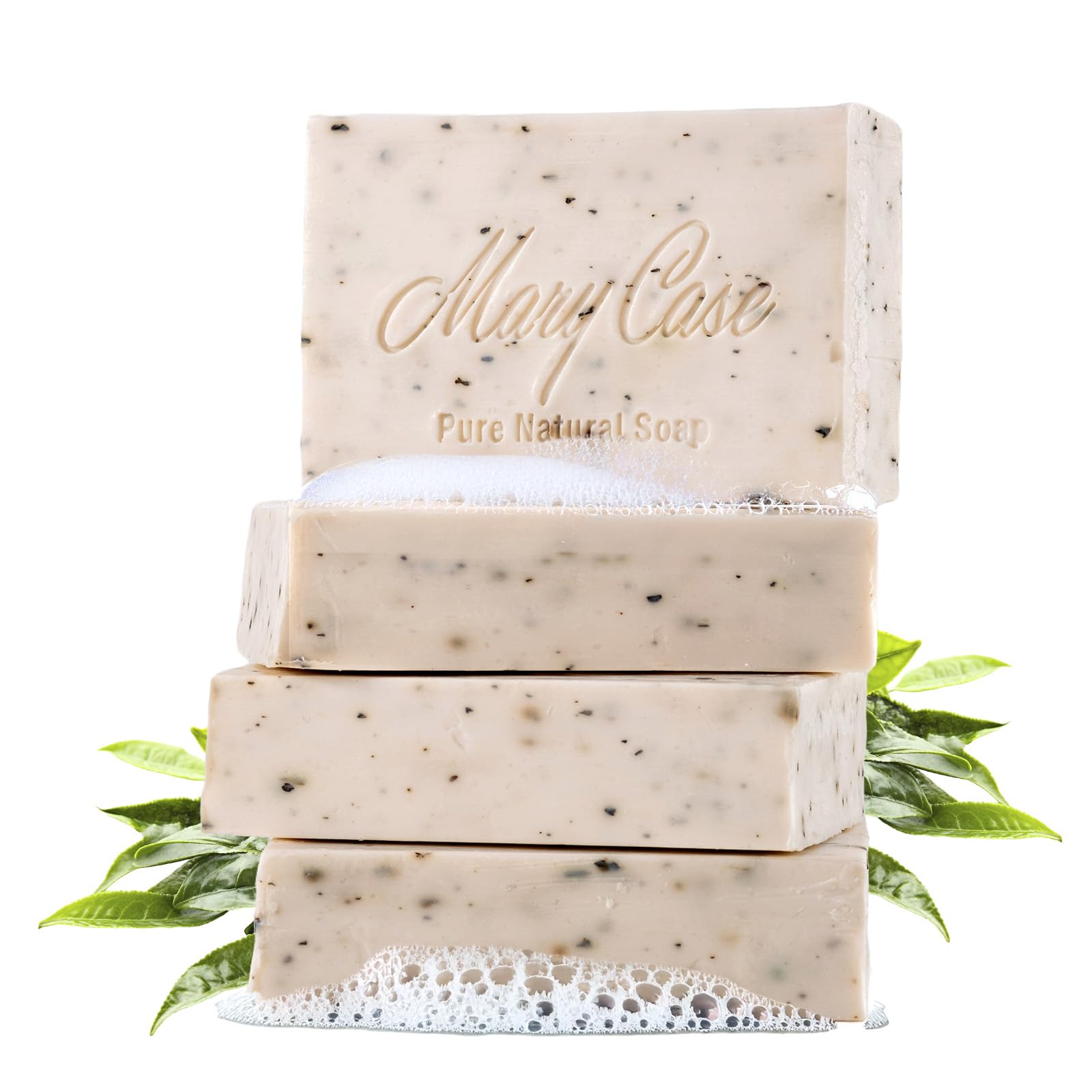 Mary Case All Natural Bar Soaps for Men & Women (Set of 4) - All Vegan - Bath Soap Bar with Olive, Coconut, Essential Oils & Leaves - Vegan Natural Soaps