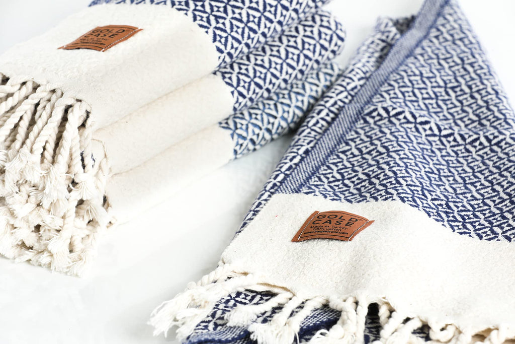 Gold CASE Turkish Hand Towels for Bathroom Set of 4 – 20 x 40'' – 100% Cotton Bathroom Towels – Aphrodite Kitchen Small Towel for Spa, Face, Tea & Dishcloth – Decorative Patterned Weave – Navy Blue