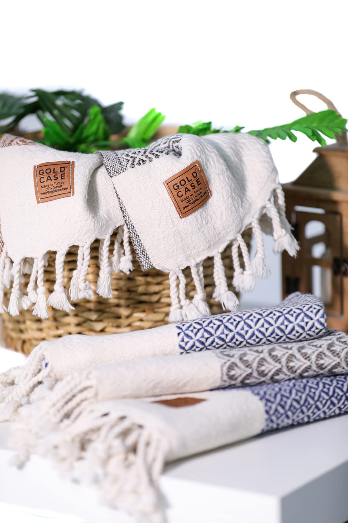 Gold CASE Turkish Hand Towels for Bathroom Set of 4 – 100% Cotton Bathroom Towels – Helen Kitchen Small Towel for Spa, Face, Tea & Dishcloth – Decorative Patterned Weave – Black