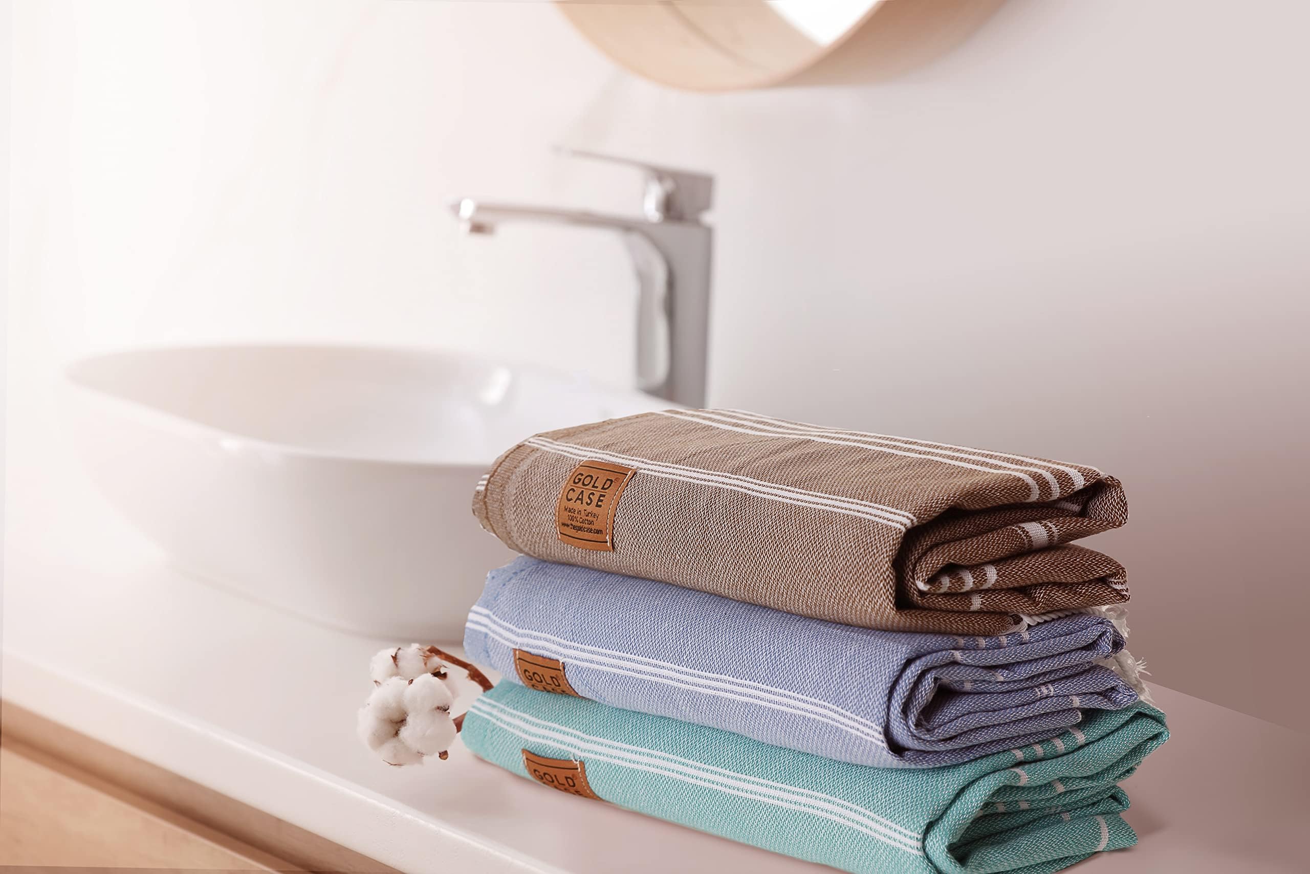 Gold CASE LYCIA Turkish Beach Towel Set of 6 – 100% Cotton Turkish Beach Towels Bulk 70 x 38'' – LYCIA Oversized, Quick Dry & Sand Free Beach Towel – Lightweight Towels Set in Tones of Blue