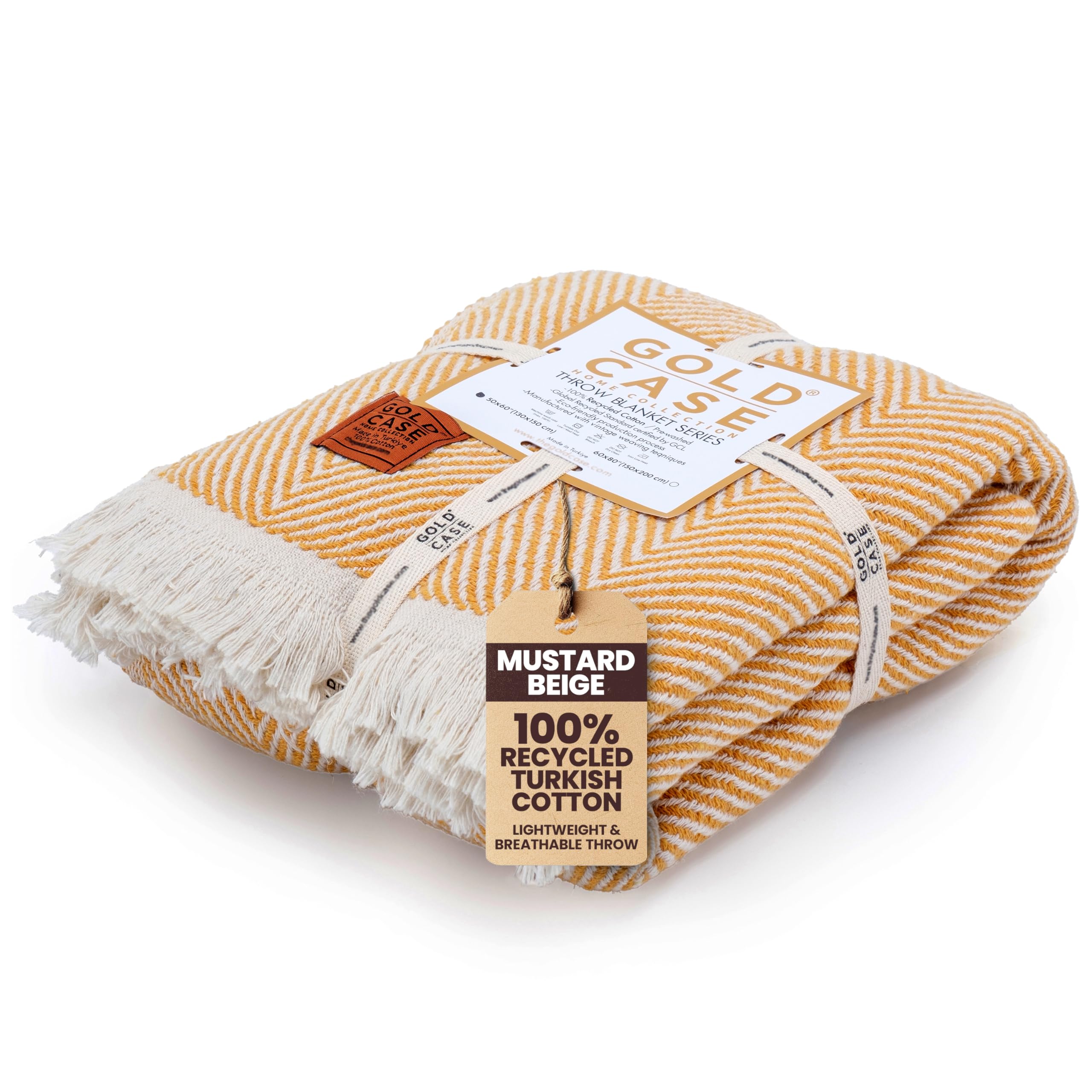 Gold Case Throw Blanket for Couch - 100% Recycled Turkish Cotton Blankets & Throws - Elegant Soft Throw Blankets for Living Room - Boho Decorative Woven Couch Blanket - 50x60 - Mustard