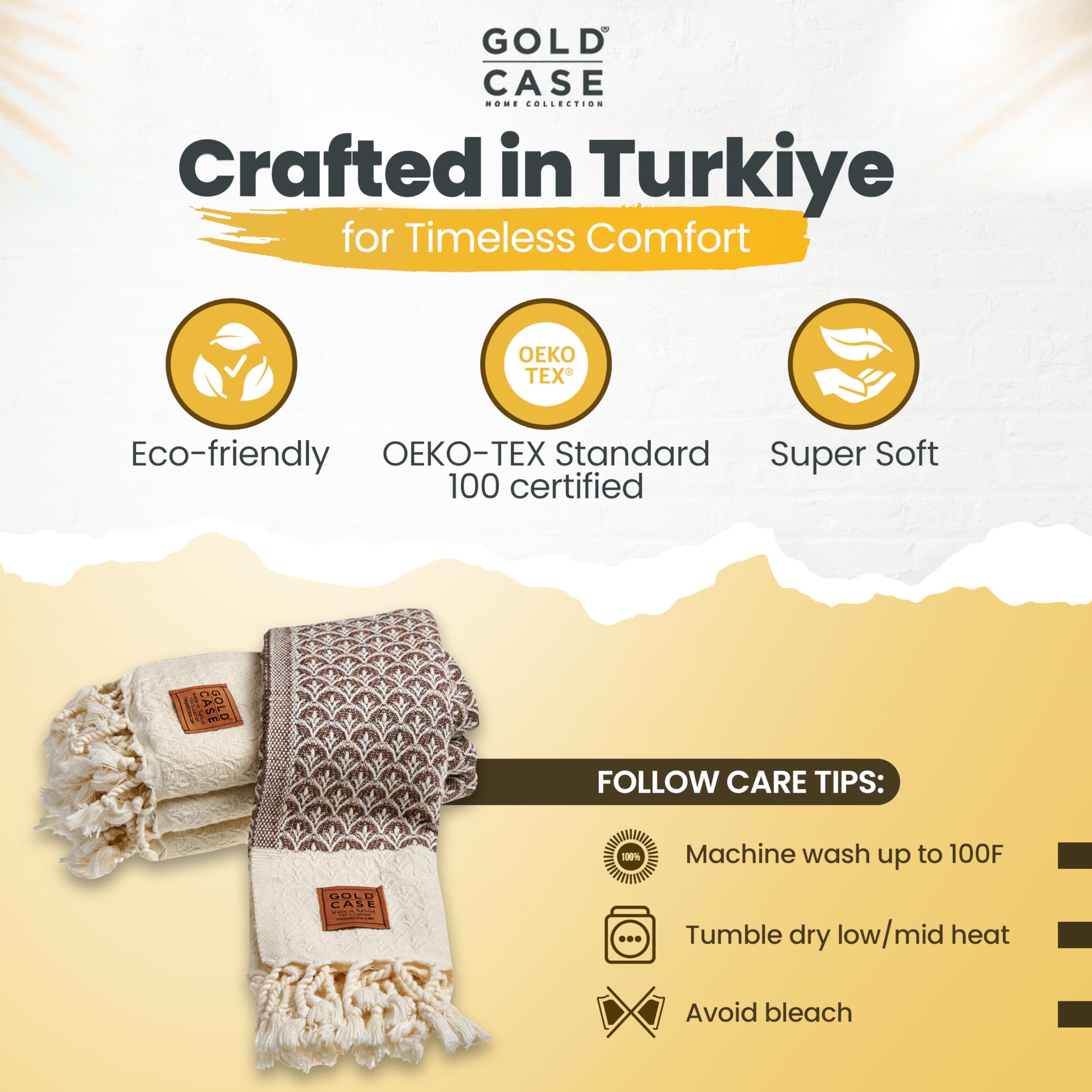 Gold CASE Turkish Hand Towels for Bathroom Set of 4 – 100% Cotton Bathroom Towels – Helen Kitchen Small Towel for Spa, Face, Tea & Dishcloth – Decorative Patterned Weave – Brown