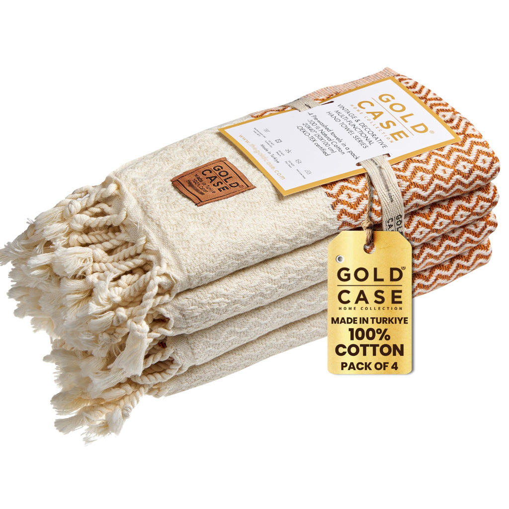 Gold CASE Turkish Hand Towels for Bathroom Set of 4–20x40''–100% Cotton Bathroom Hand Towels – Zeus Towel for Spa, Face, Tea & Dishcloth – Decorative Cloth – Orange