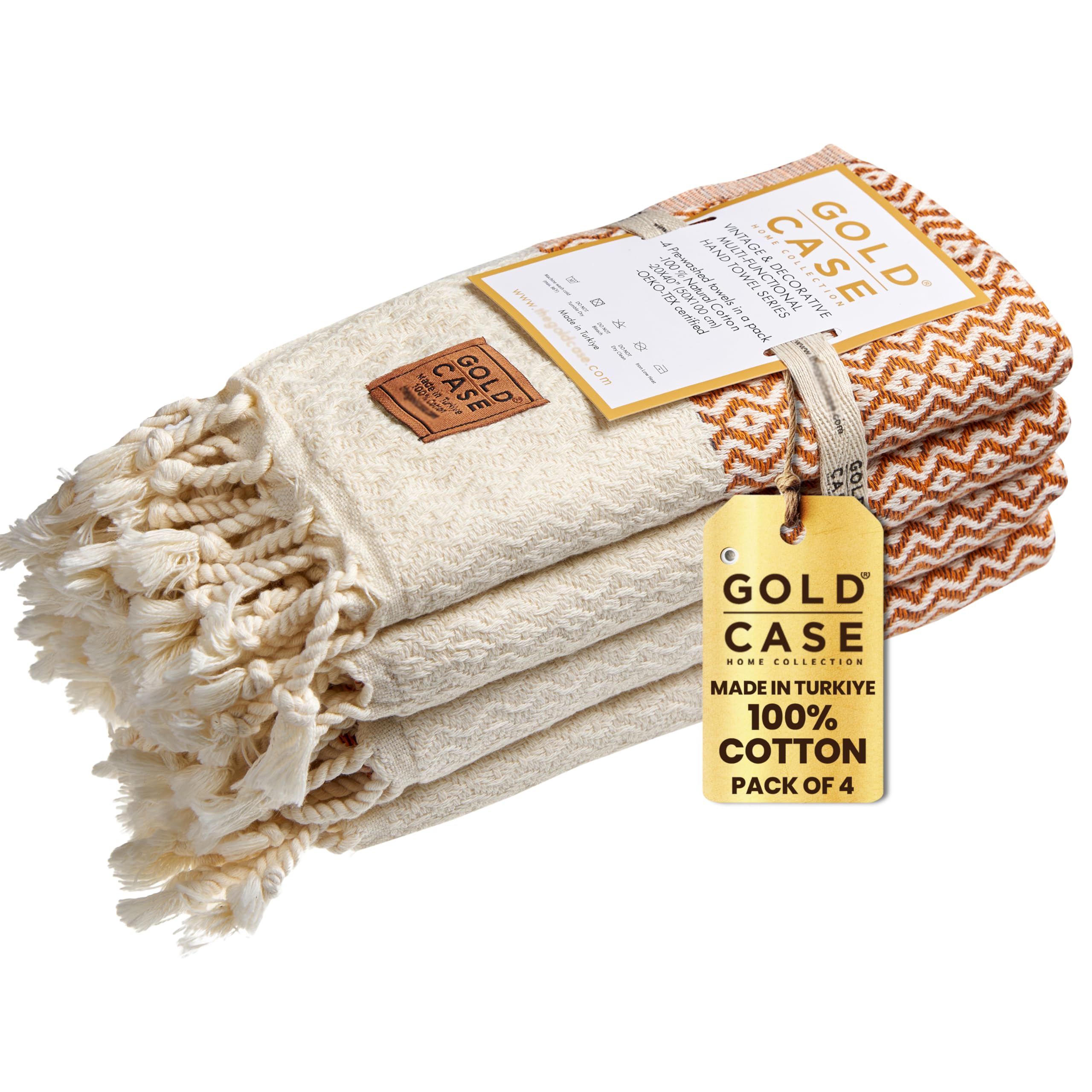 Gold CASE Turkish Hand Towels for Bathroom Set of 4–20x40''–100% Cotton Bathroom Hand Towels – Zeus Towel for Spa, Face, Tea & Dishcloth – Decorative Cloth – Orange