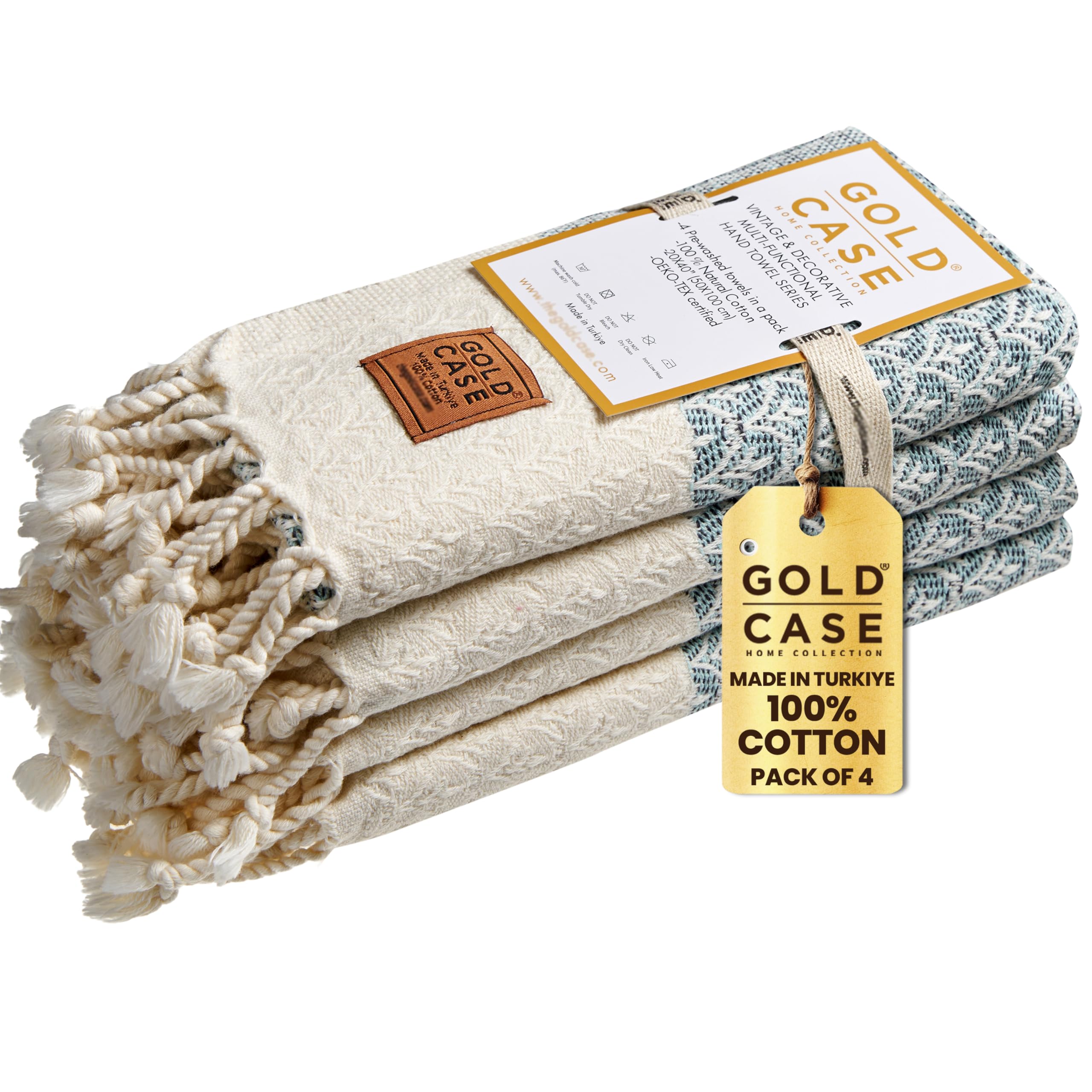 Gold CASE Turkish Hand Towels for Bathroom Set of 4 – 100% Cotton Bathroom Towels – Helen Kitchen Small Towel for Spa, Face, Tea & Dishcloth – Decorative Patterned Weave – Aqua