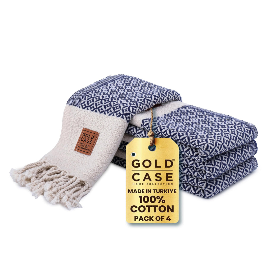 Gold CASE Turkish Hand Towels for Bathroom Set of 4 – 20 x 40'' – 100% Cotton Bathroom Towels – Aphrodite Kitchen Small Towel for Spa, Face, Tea & Dishcloth – Decorative Patterned Weave – Navy Blue