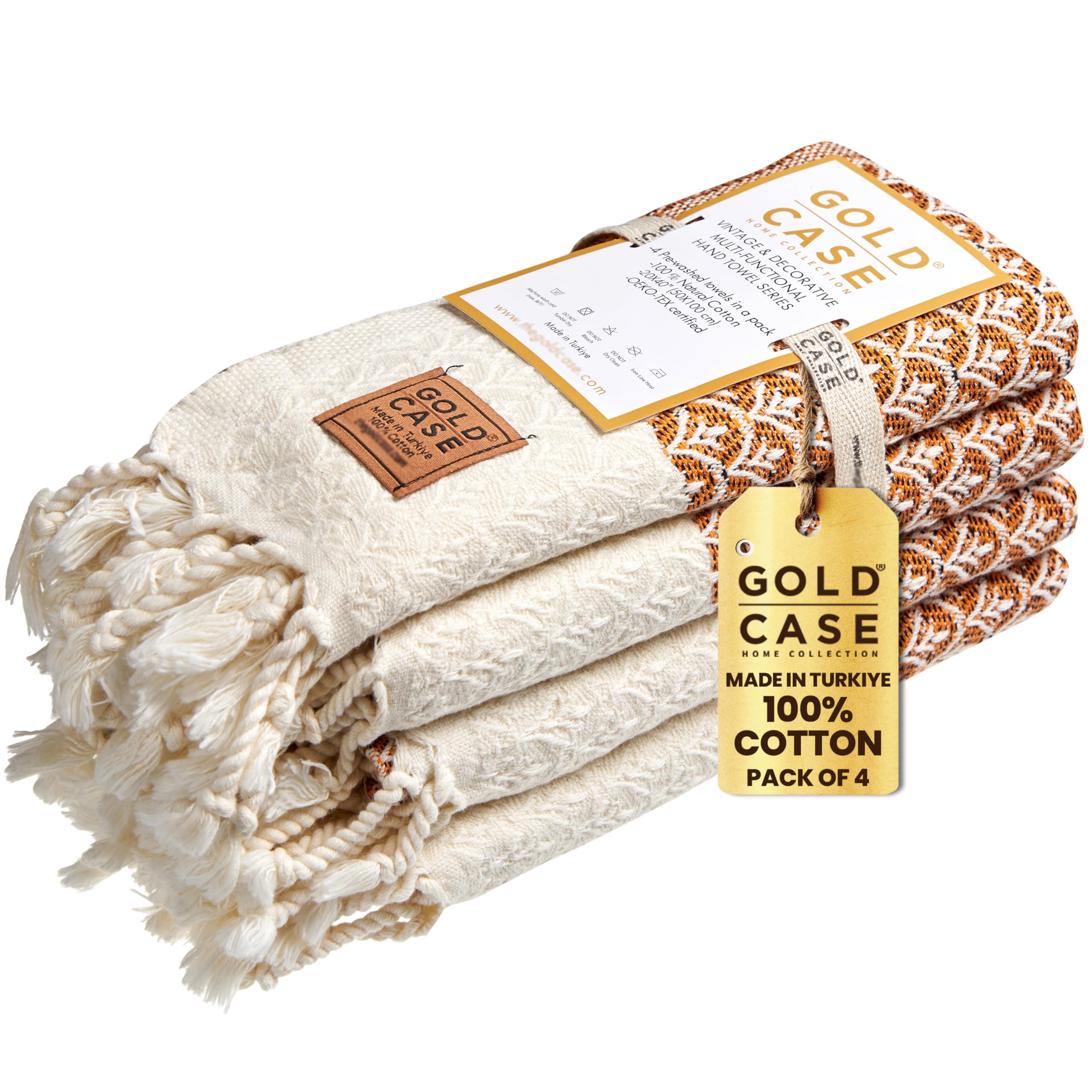 Gold CASE Turkish Hand Towels for Bathroom Set of 4 – 100% Cotton Bathroom Towels – Helen Kitchen Small Towel for Spa, Face, Tea & Dishcloth – Decorative Patterned Weave – Orange