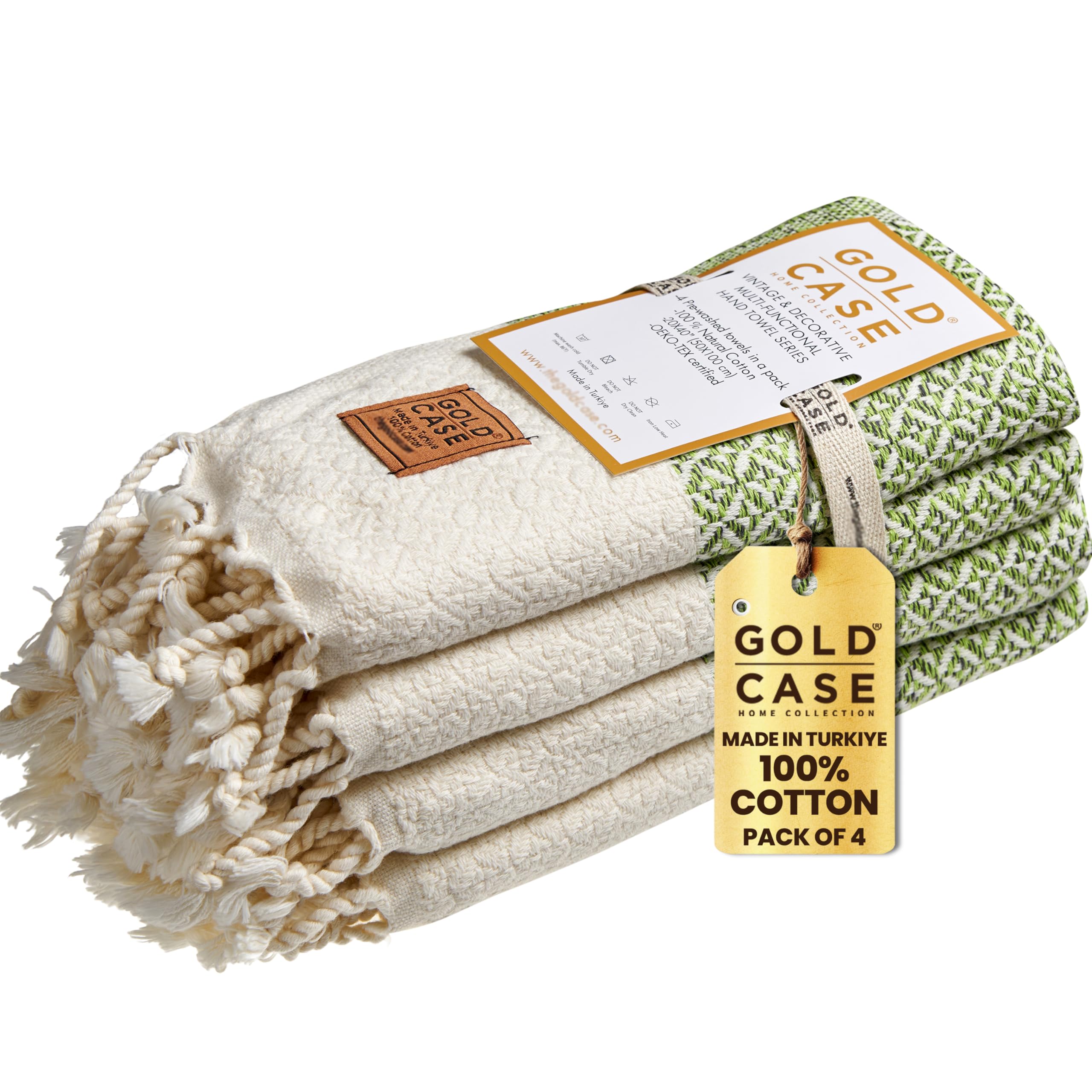 Gold CASE Turkish Hand Towels for Bathroom Set of 4 – 20 x 40'' – 100% Cotton Bathroom Towels – Aphrodite Kitchen Small Towel for Spa, Face, Tea & Dishcloth – Decorative Patterned Weave – Pistachio