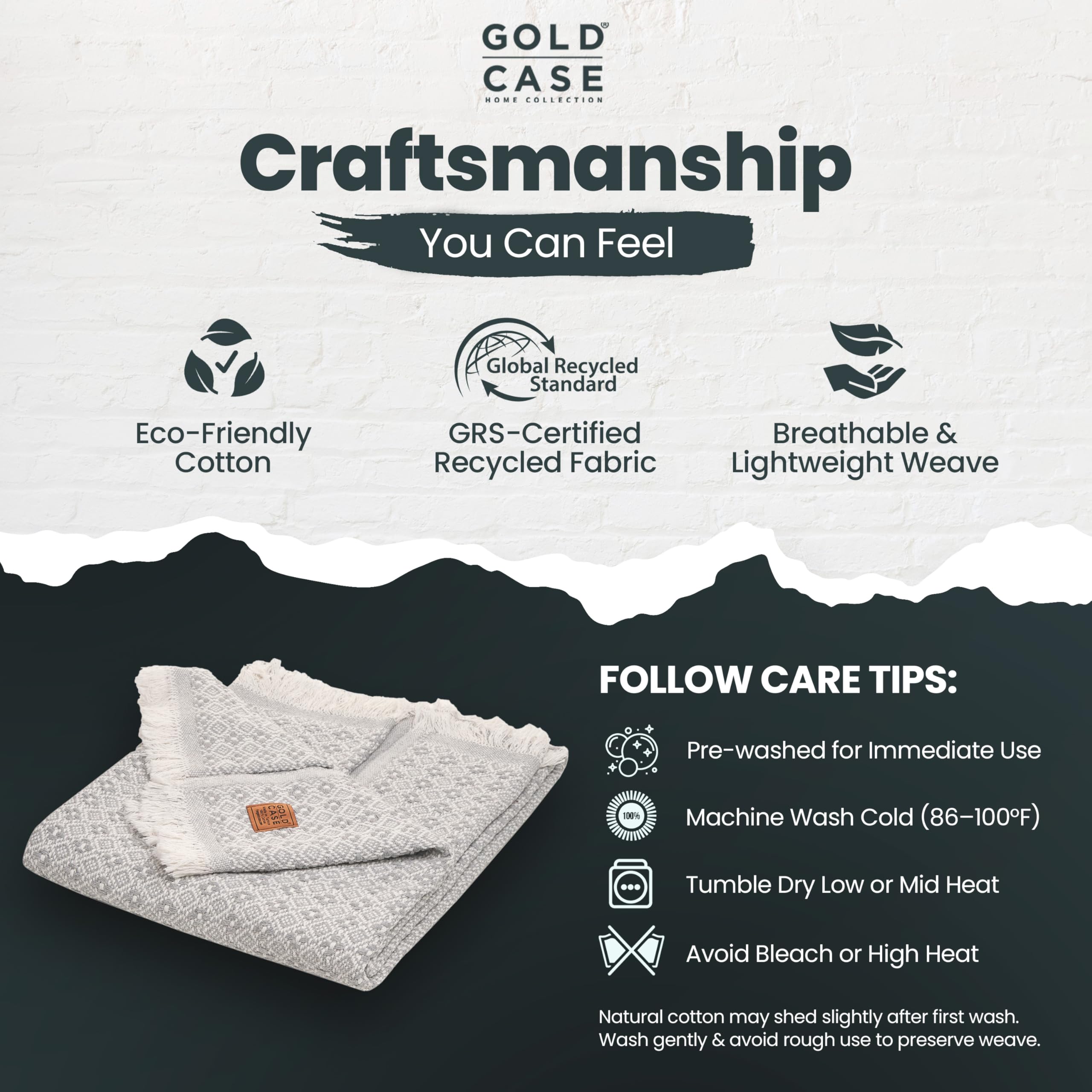 Gold Case Throw Blanket for Couch - 100% Recycled Turkish Cotton Blankets & Throws - Retro Soft Throw Blankets for Living Room - Boho Decorative Woven Couch Blanket - 50x60 - Grey