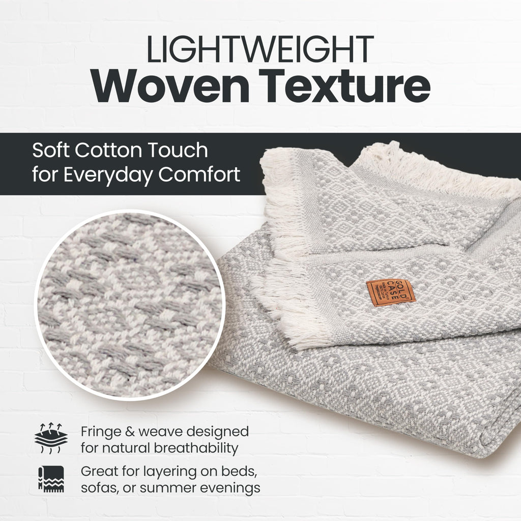 Gold Case Throw Blanket for Couch - 100% Recycled Turkish Cotton Blankets & Throws - Retro Soft Throw Blankets for Living Room - Boho Decorative Woven Couch Blanket - 50x60 - Grey