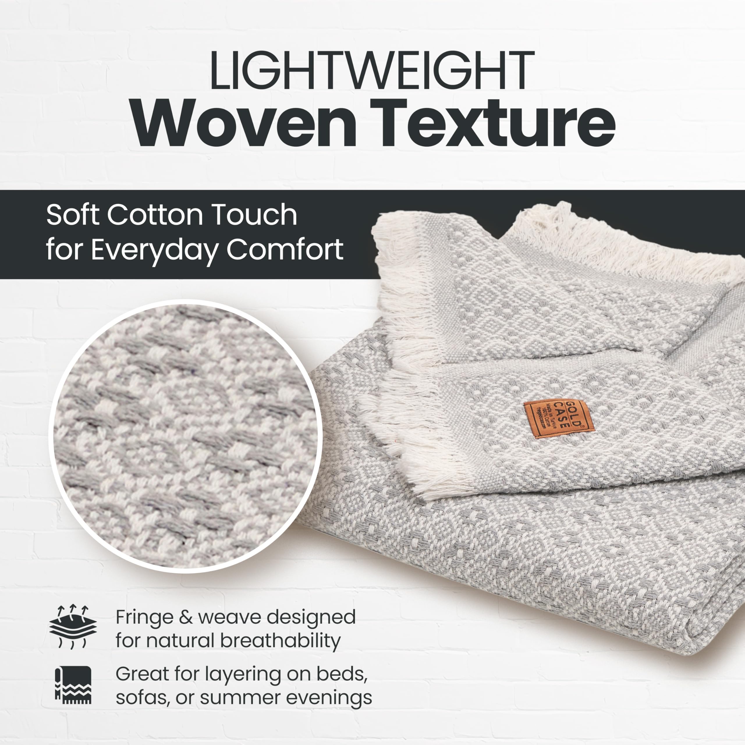 Gold Case Throw Blanket for Couch - 100% Recycled Turkish Cotton Blankets & Throws - Retro Soft Throw Blankets for Living Room - Boho Decorative Woven Couch Blanket - 50x60 - Grey