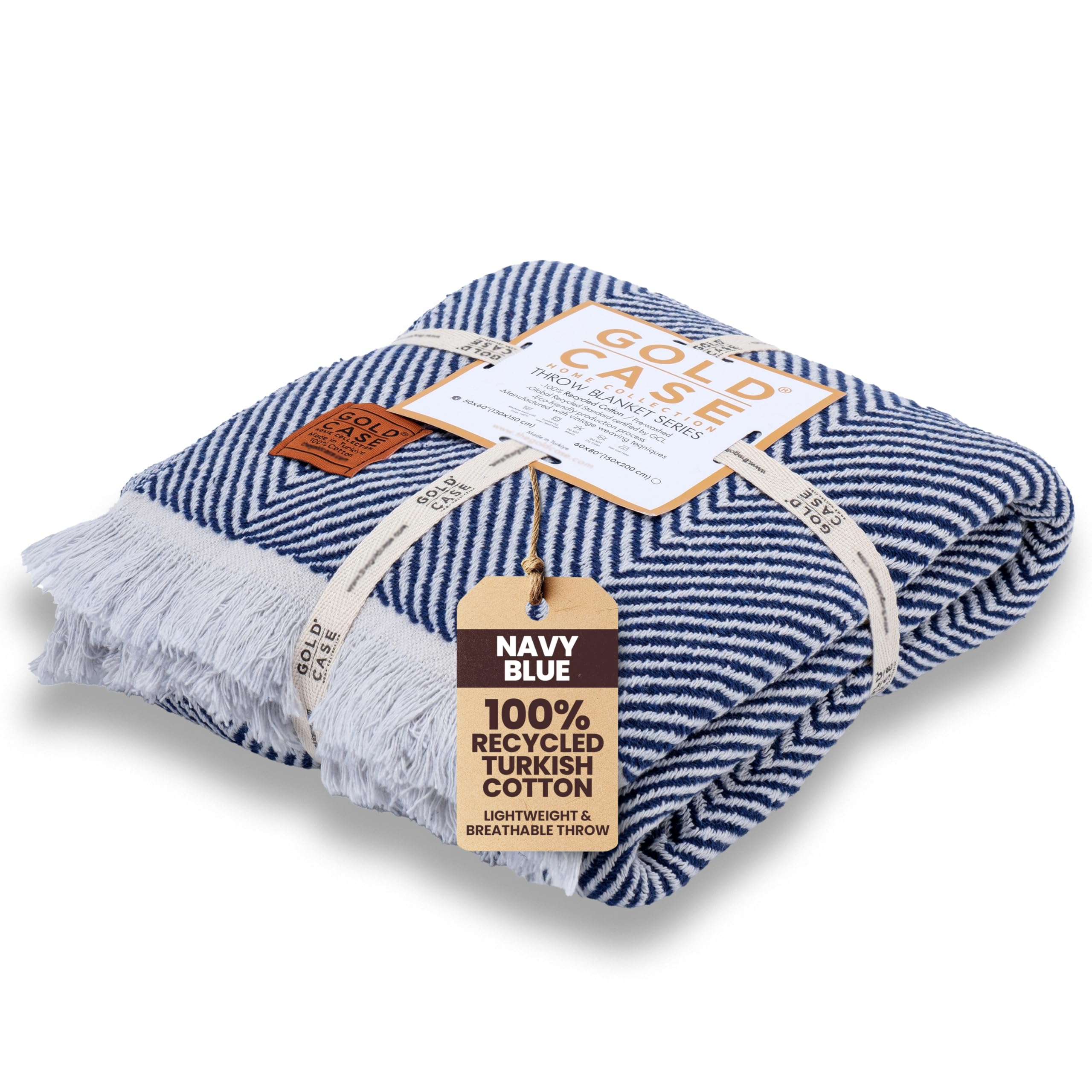 Gold Case Throw Blanket for Couch – 100% Recycled Turkish Cotton Blankets & Throws – Elegant Decorative Throw Blankets for Living Room Sofa – Woven Throws for Couch – Elegant Navy Blue – 50x60