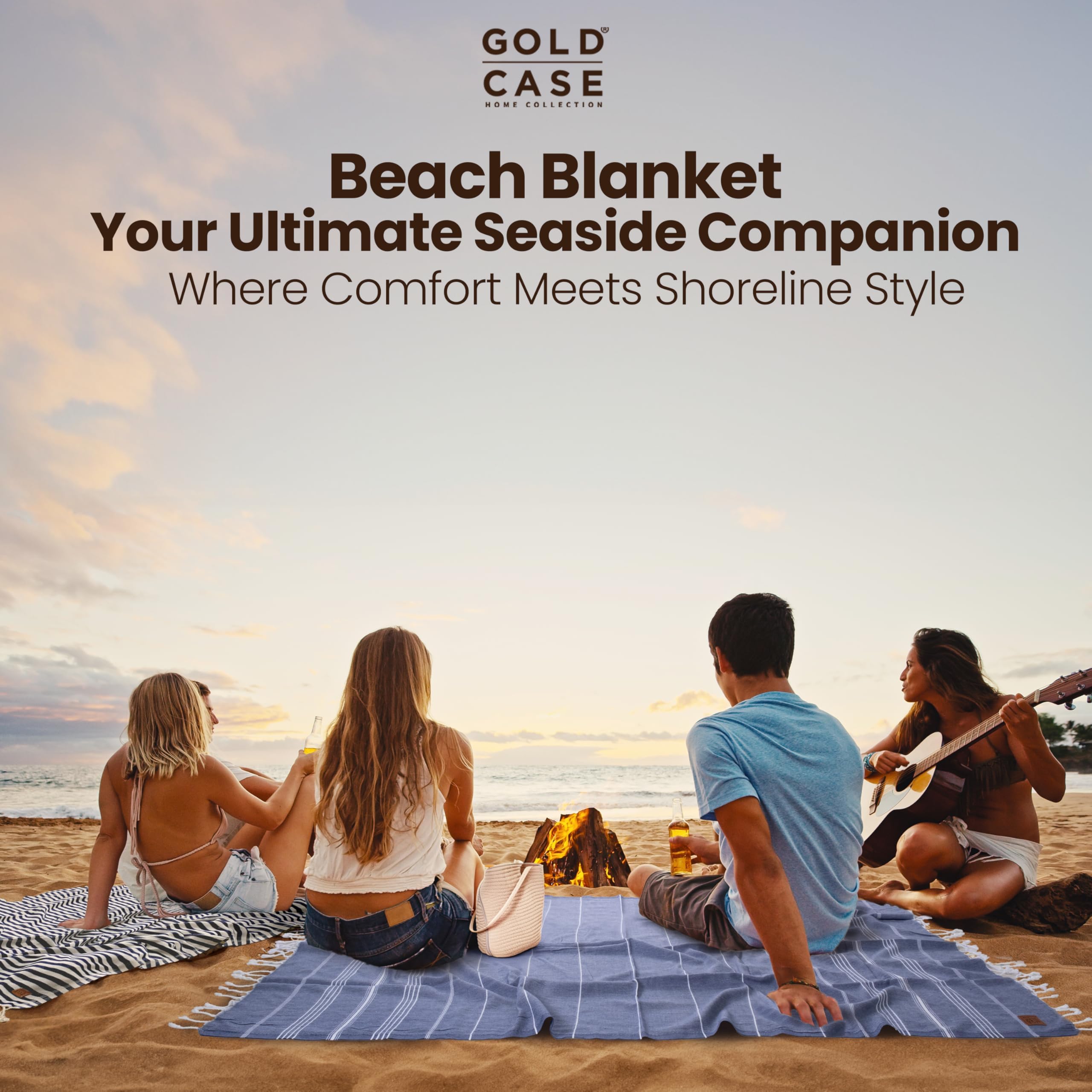 Gold CASE LYCIA Turkish Beach Towel Set of 6 – 100% Cotton Turkish Beach Towels Bulk 70 x 38'' – LYCIA Oversized, Quick Dry & Sand Free Beach Towel – Lightweight Towels Set in Tones of Blue