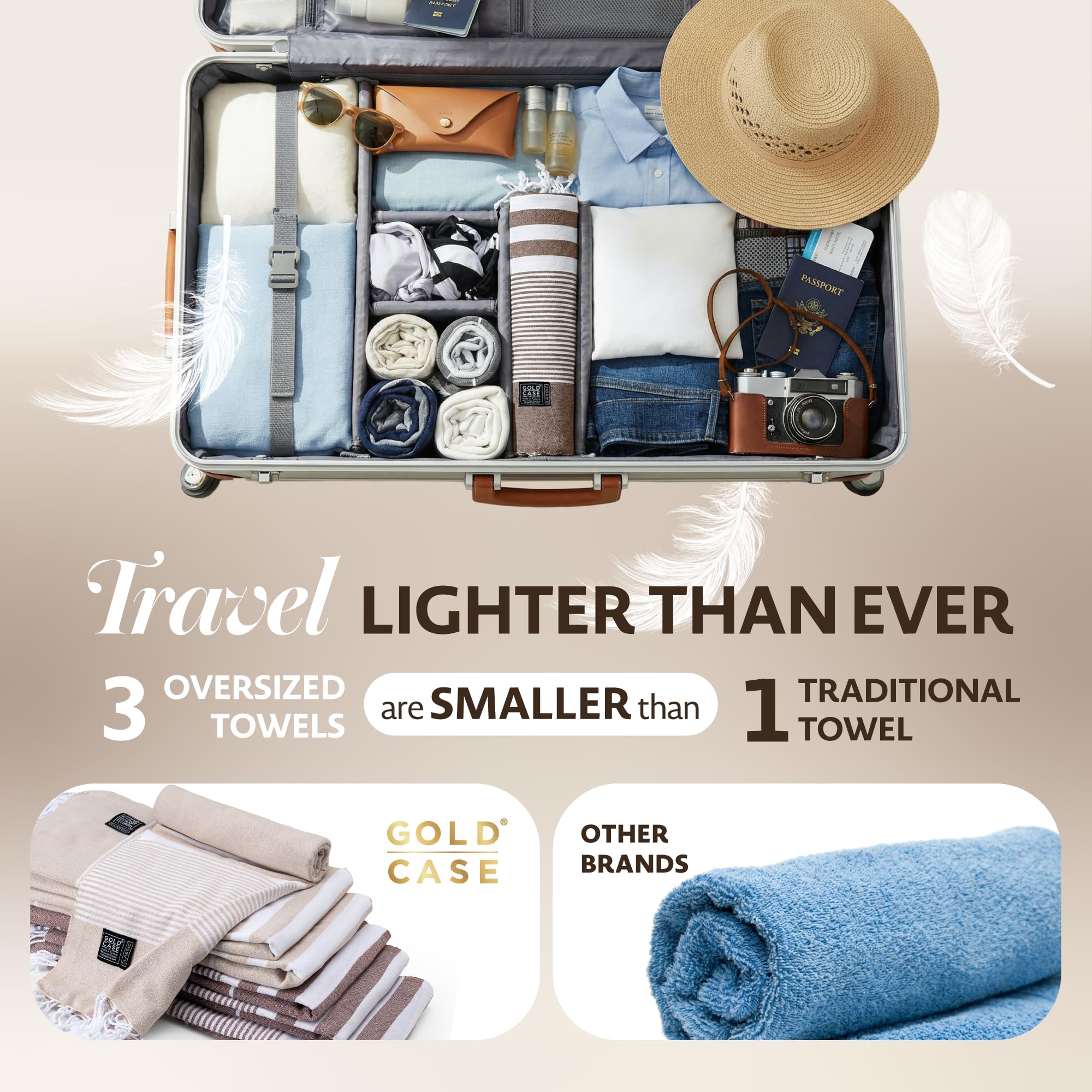 Gold Case Hera Turkish Beach Towels Set of 6-67x37 Inch Oversized Sand Free Quick Dry Pool Towels Made in Türkiye - Beige & Brown