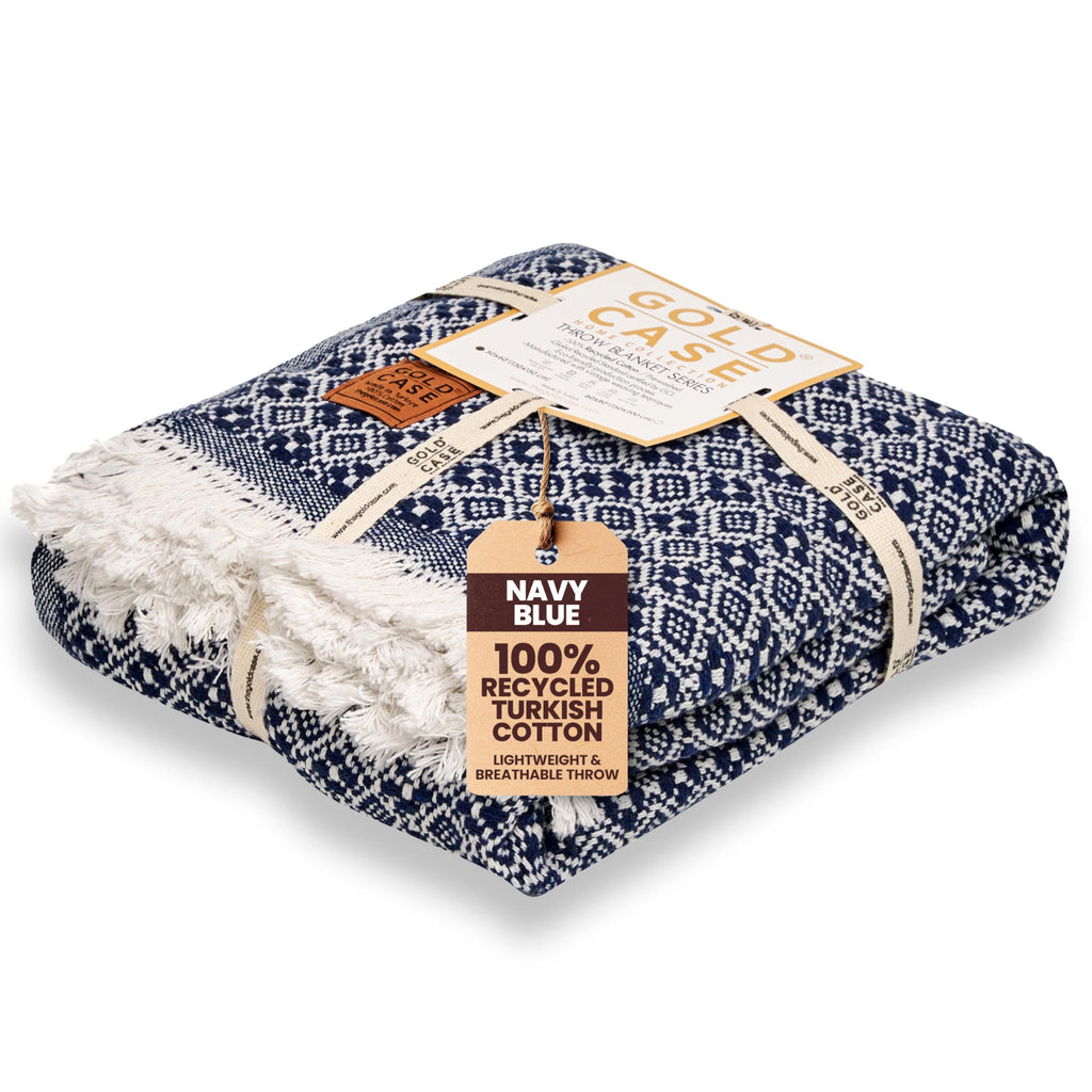 Gold Case Throw Blanket for Couch - 100% Recycled Turkish Cotton Blankets & Throws - Retro Soft Throw Blankets for Living Room - Boho Decorative Woven Couch Blanket - 50x60 - Navy Blue