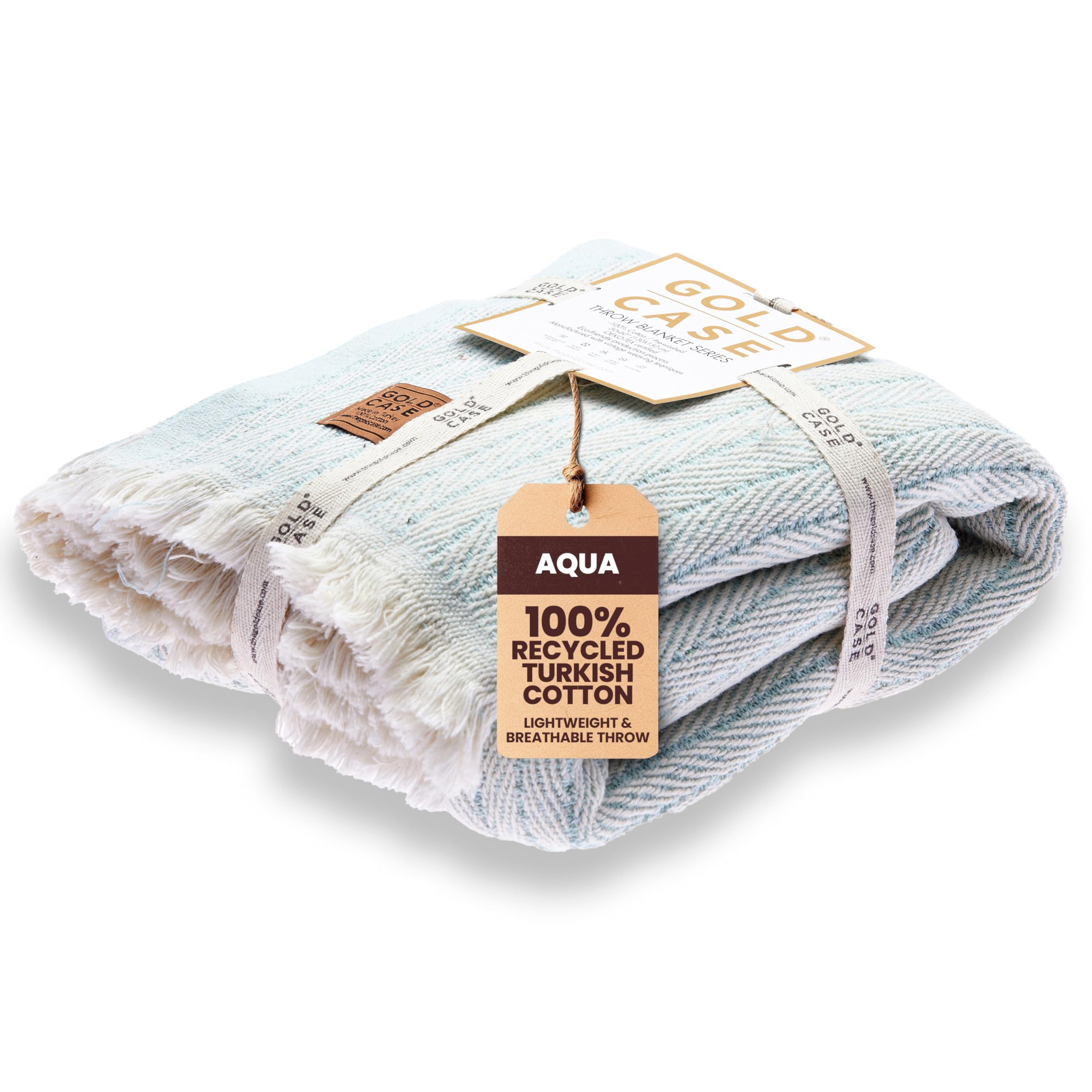 Gold Case Throw Blanket for Couch - 100% Recycled Turkish Cotton Blankets & Throws - Vintage Soft Throw Blankets for Living Room - Boho Decorative Woven Couch Blanket - 50x60 - Aqua