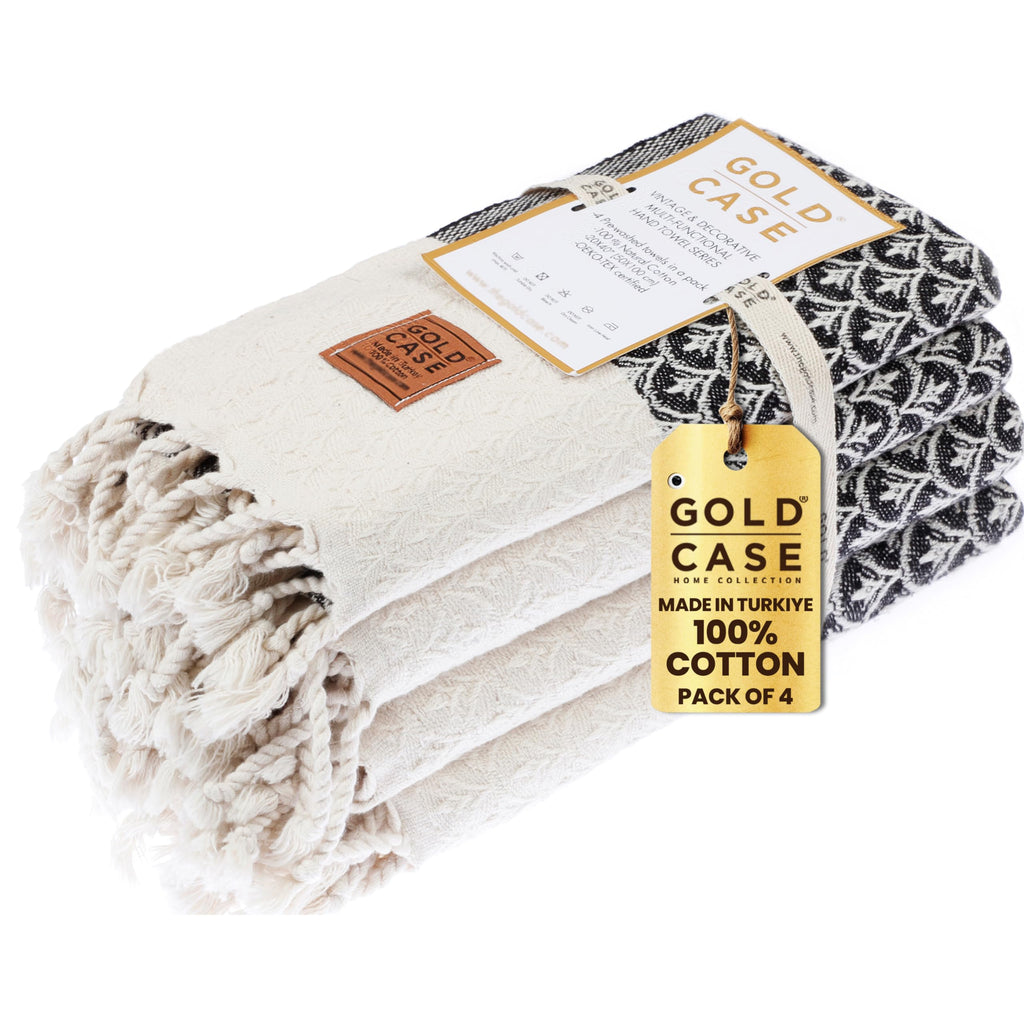 Gold CASE Turkish Hand Towels for Bathroom Set of 4 – 100% Cotton Bathroom Towels – Helen Kitchen Small Towel for Spa, Face, Tea & Dishcloth – Decorative Patterned Weave – Black