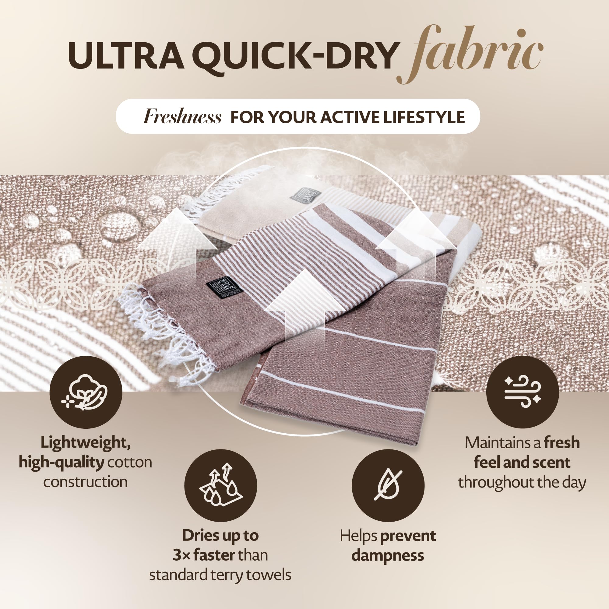 Gold Case Hera Turkish Beach Towels Set of 6-67x37 Inch Oversized Sand Free Quick Dry Pool Towels Made in Türkiye - Beige & Brown