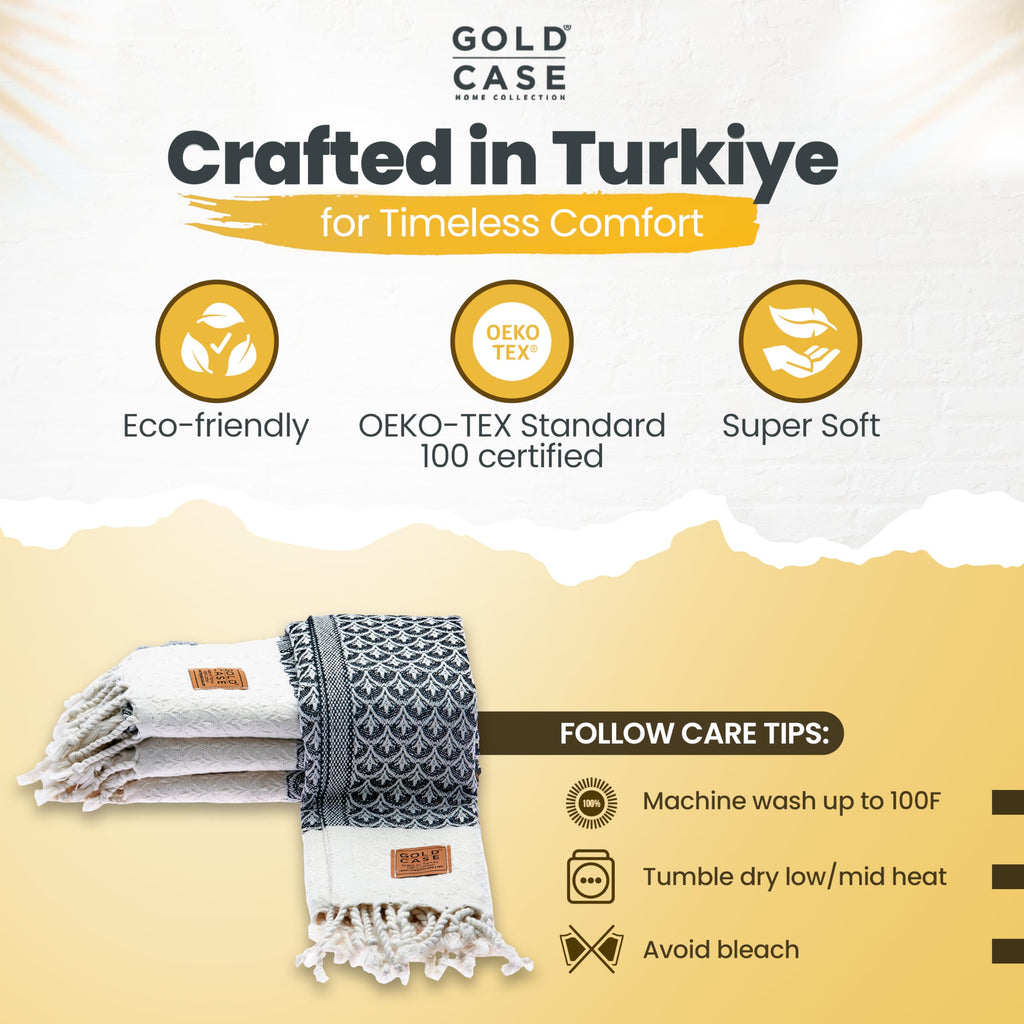 Gold CASE Turkish Hand Towels for Bathroom Set of 4 – 100% Cotton Bathroom Towels – Helen Kitchen Small Towel for Spa, Face, Tea & Dishcloth – Decorative Patterned Weave – Black