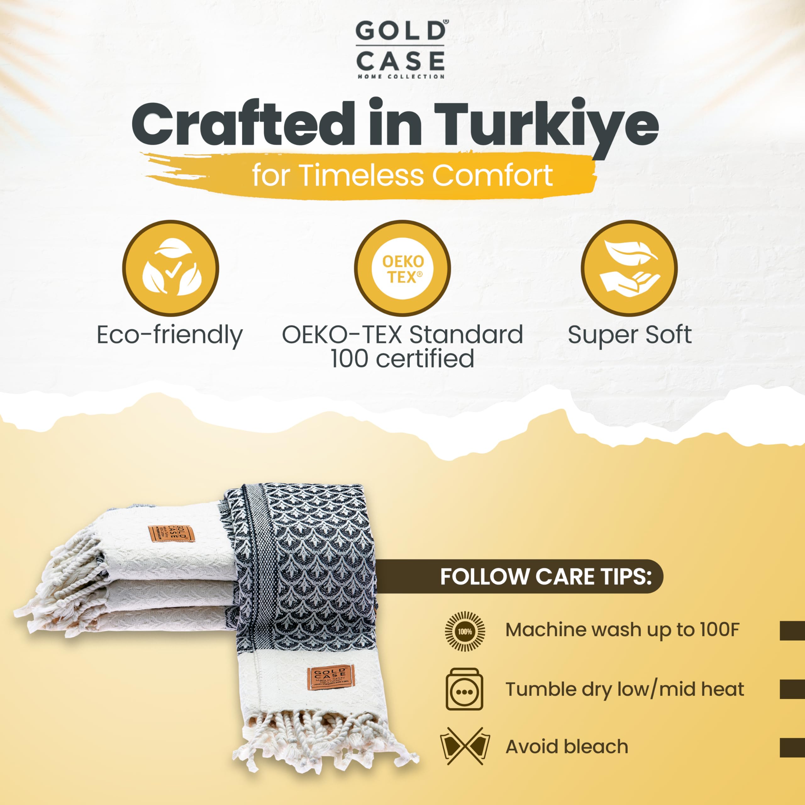 Gold CASE Turkish Hand Towels for Bathroom Set of 4 – 100% Cotton Bathroom Towels – Helen Kitchen Small Towel for Spa, Face, Tea & Dishcloth – Decorative Patterned Weave – Black