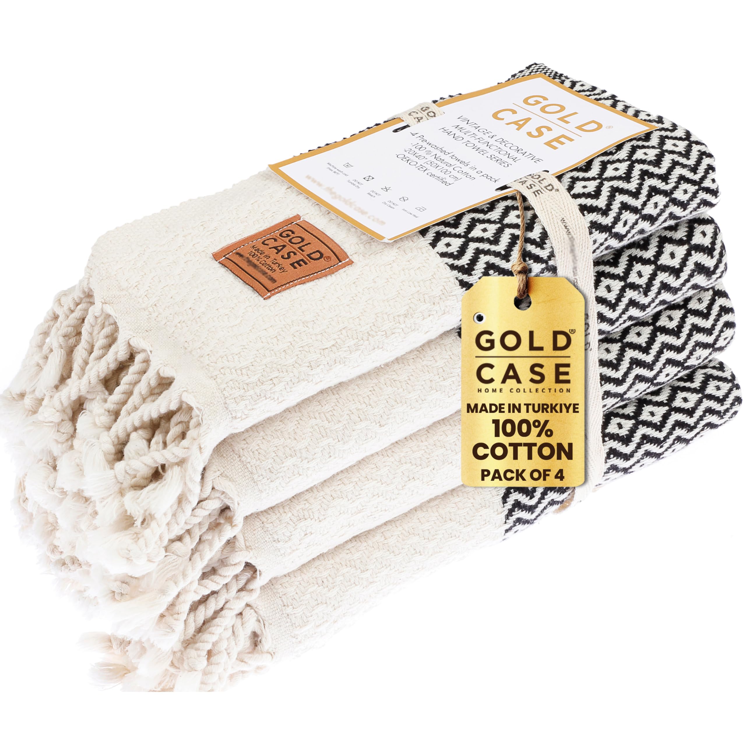 Gold CASE Turkish Hand Towels for Bathroom Set of 4–20x40''–100% Cotton Bathroom Hand Towels – Zeus Towel for Spa, Face, Tea & Dishcloth – Decorative Cloth – Black