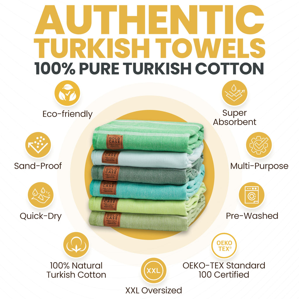 Gold CASE LYCIA Turkish Beach Towel Set of 6 – 100% Cotton Turkish Beach Towels Bulk 70 x 38'' – LYCIA Oversized, Quick Dry & Sand Free Beach Towel – Lightweight Towels Set in Tones of Green