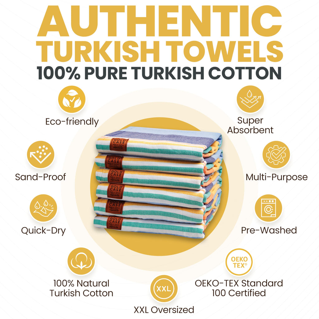 Gold CASE Turkish Beach Towel Set of 6 – 100% Cotton Large Bath Towels 70 x 38'' – OLYMPOS Oversized, Quick Dry & Sand Free Beach Towel – Lightweight Turkish Towels Set - Multicolor-1