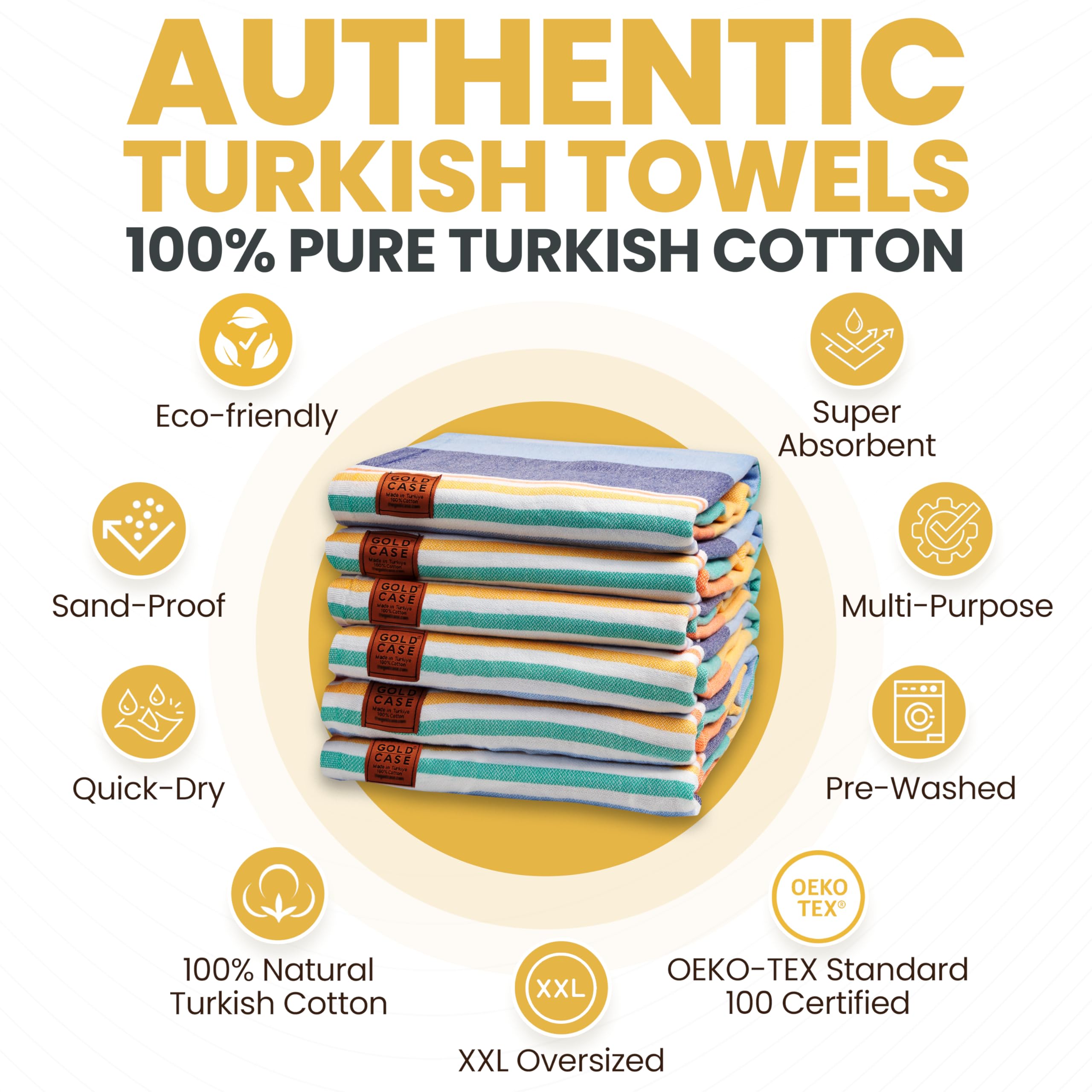 Gold CASE Turkish Beach Towel Set of 6 – 100% Cotton Large Bath Towels 70 x 38'' – OLYMPOS Oversized, Quick Dry & Sand Free Beach Towel – Lightweight Turkish Towels Set - Multicolor-1