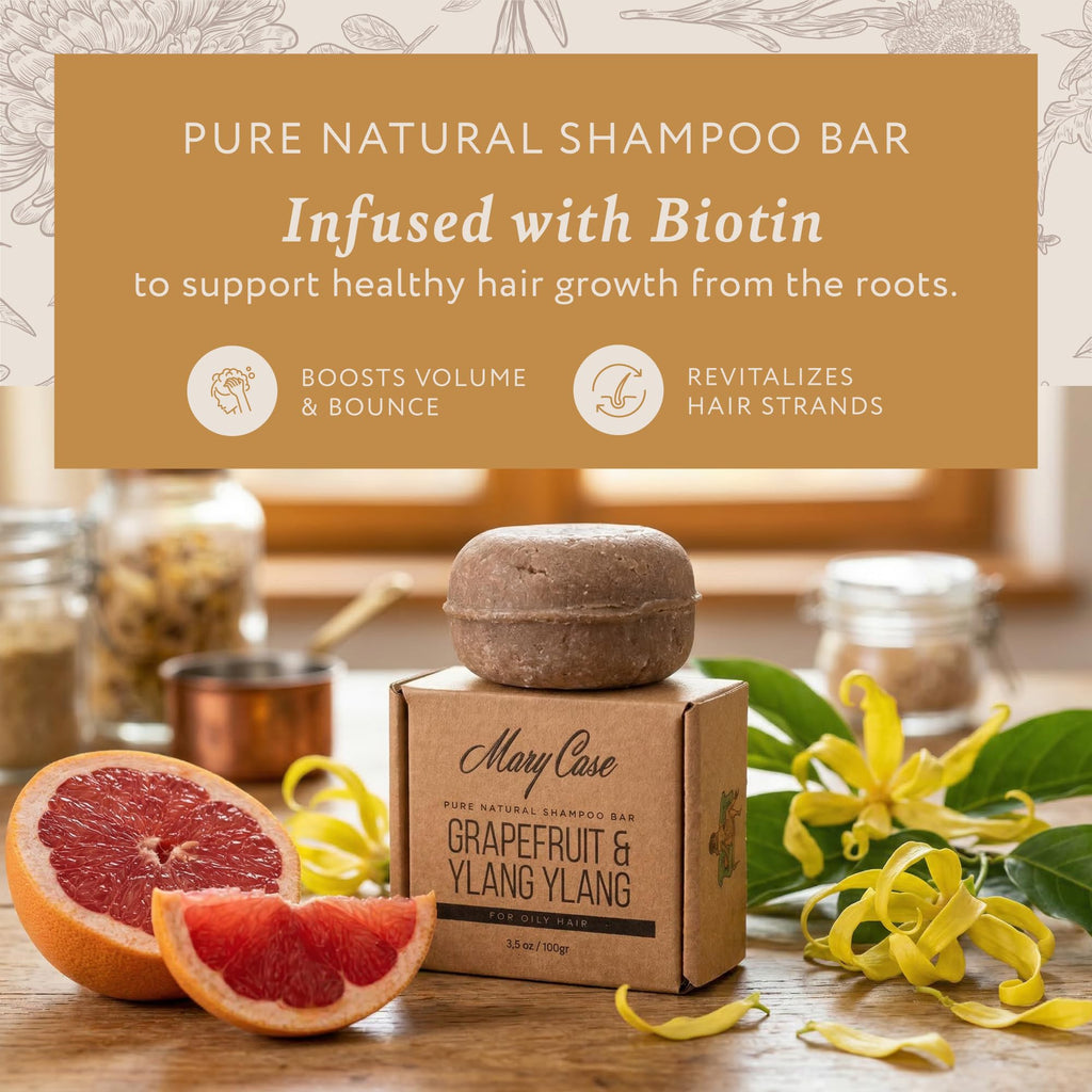 Mary Case Shampoo Bar for Oily Hair – Natural Solid Shampoo Bar 3.5 oz / 100g with Biotin – Oil Control, Rich Lather Hair Shampoo Bar – Grapefruit & Ylang – Plastic-Free