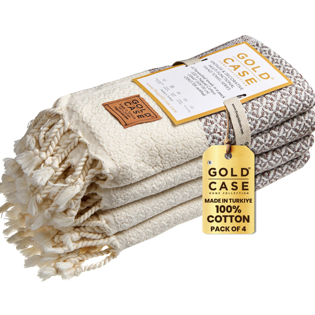 Gold CASE Turkish Hand Towels for Bathroom Set of 4 – 20 x 40'' – 100% Cotton Bathroom Towels – Aphrodite Kitchen Small Towel for Spa, Face, Tea & Dishcloth – Decorative Patterned Weave – Brown