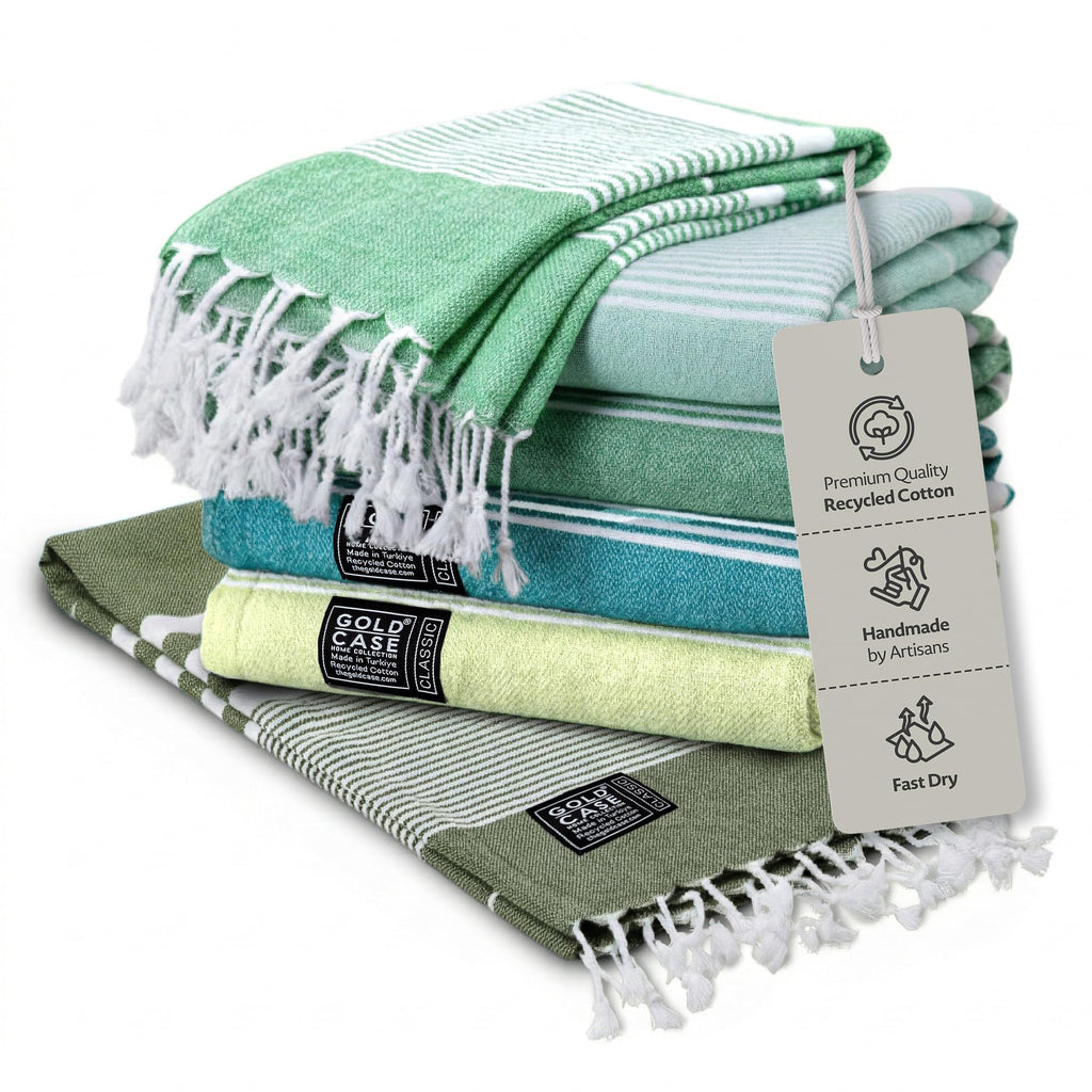 Gold Case Hera Turkish Beach Towels Set of 6-67x37 Inch Oversized Sand Free Quick Dry Pool Towels Made in Türkiye - Green Tones
