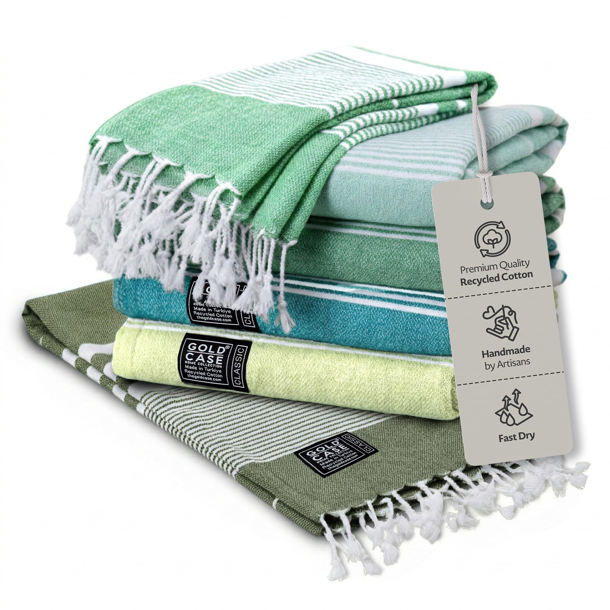 Gold Case Hera Turkish Beach Towels Set of 6-67x37 Inch Oversized Sand Free Quick Dry Pool Towels Made in Türkiye - Green Tones