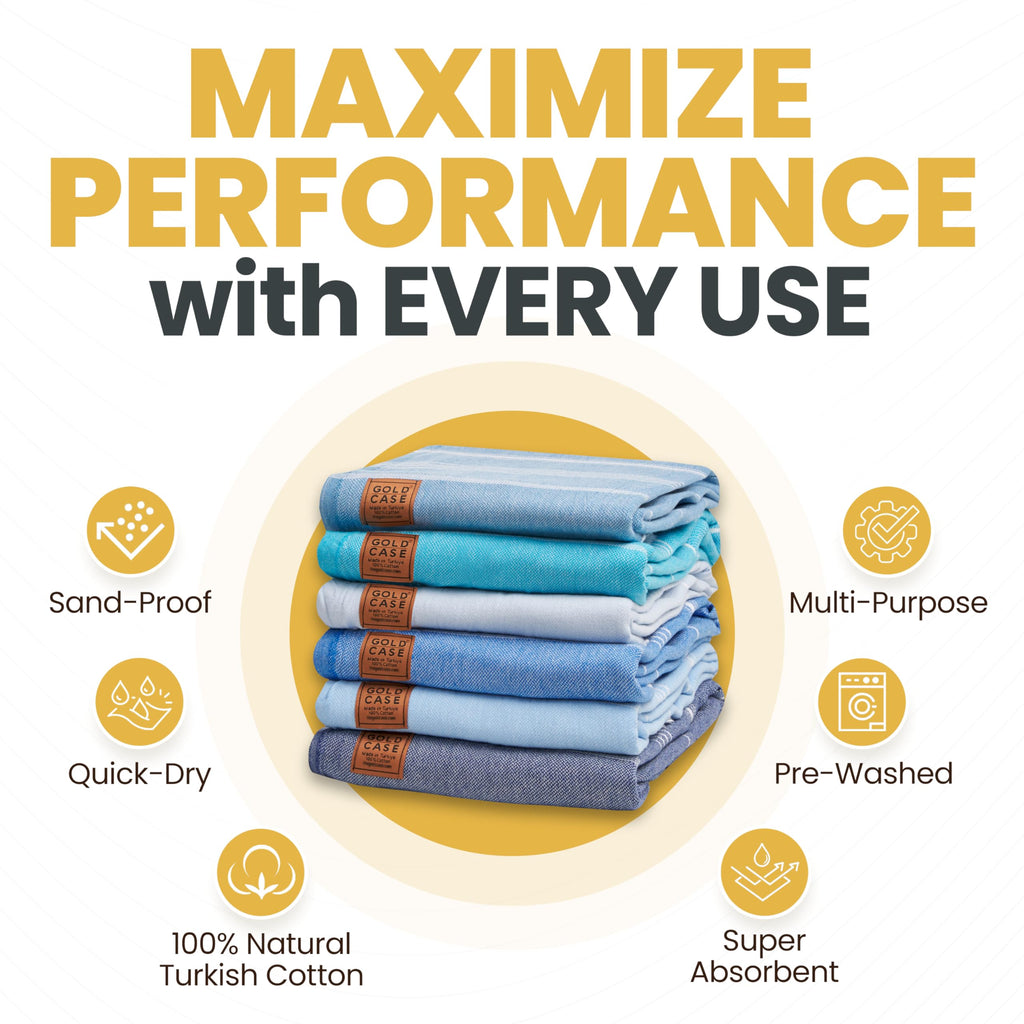 Gold CASE LYCIA Turkish Beach Towel Set of 6 – 100% Cotton Turkish Beach Towels Bulk 70 x 38'' – LYCIA Oversized, Quick Dry & Sand Free Beach Towel – Lightweight Towels Set in Tones of Blue