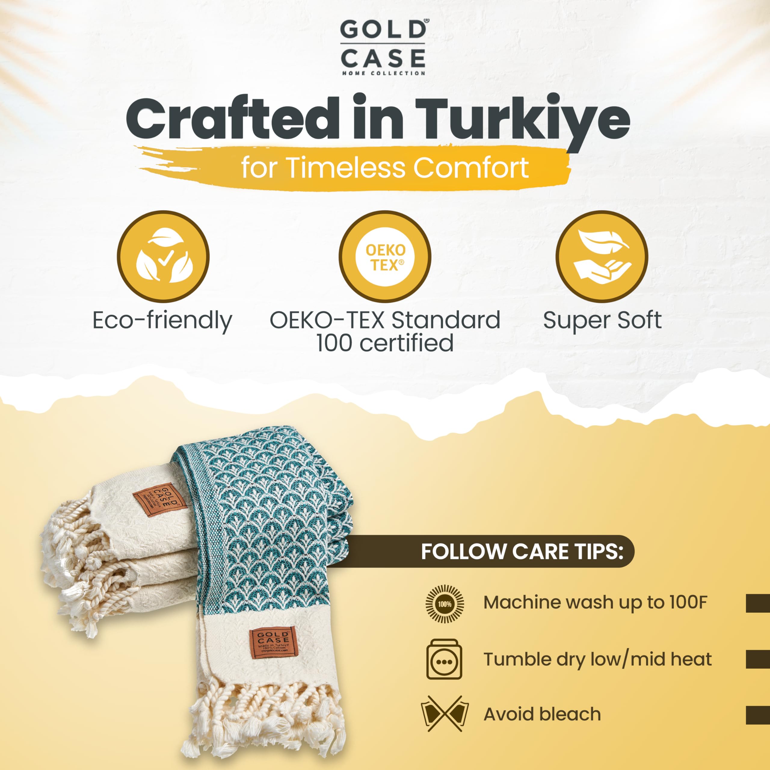 Gold CASE Turkish Hand Towels for Bathroom Set of 4 – 100% Cotton Bathroom Towels – Helen Kitchen Small Towel for Spa, Face, Tea & Dishcloth – Decorative Patterned Weave – Teal