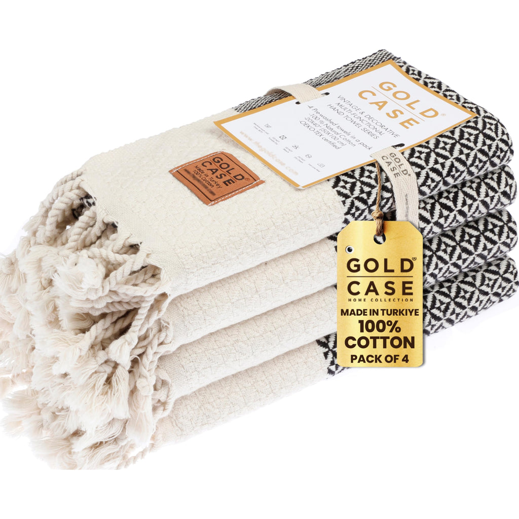Gold CASE Turkish Hand Towels for Bathroom Set of 4 – 20 x 40'' – 100% Cotton Bathroom Towels – Aphrodite Kitchen Small Towel for Spa, Face, Tea & Dishcloth – Decorative Patterned Weave – Black