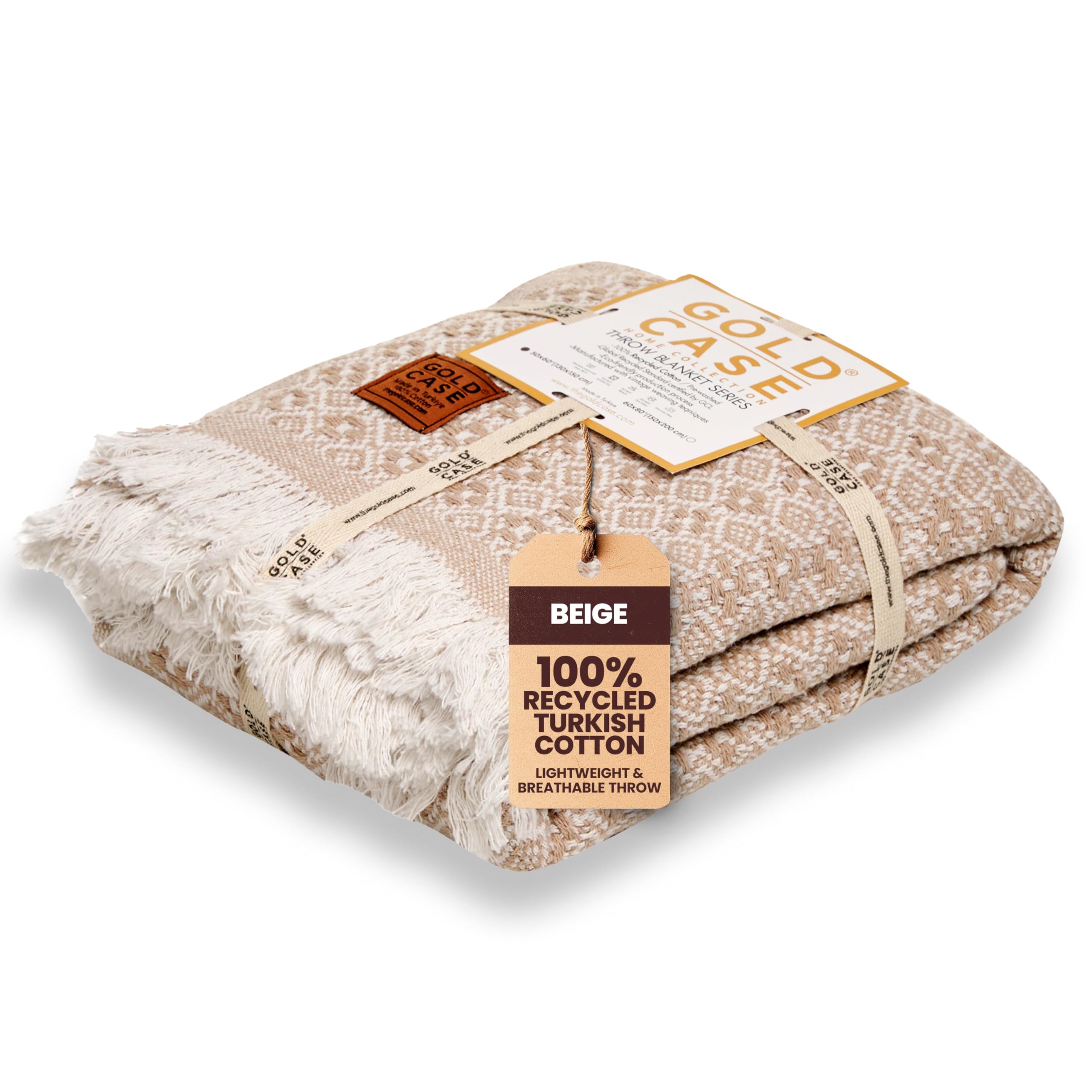 Gold Case Throw Blanket for Couch - 100% Recycled Turkish Cotton Blankets & Throws - Retro Soft Throw Blankets for Living Room - Boho Decorative Woven Couch Blanket - 50x60 - Beige