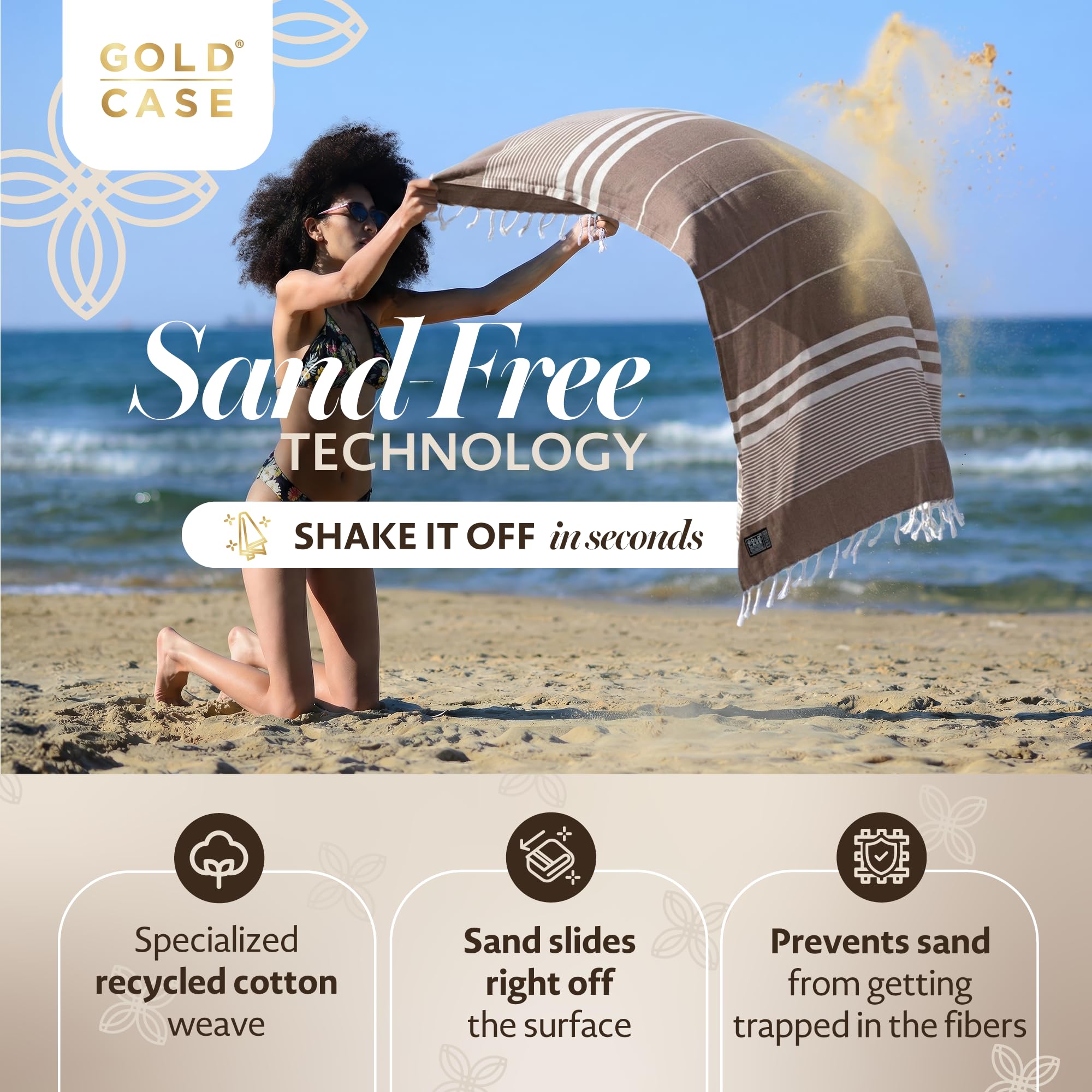 Gold Case Hera Turkish Beach Towels Set of 6-67x37 Inch Oversized Sand Free Quick Dry Pool Towels Made in Türkiye - Beige & Brown
