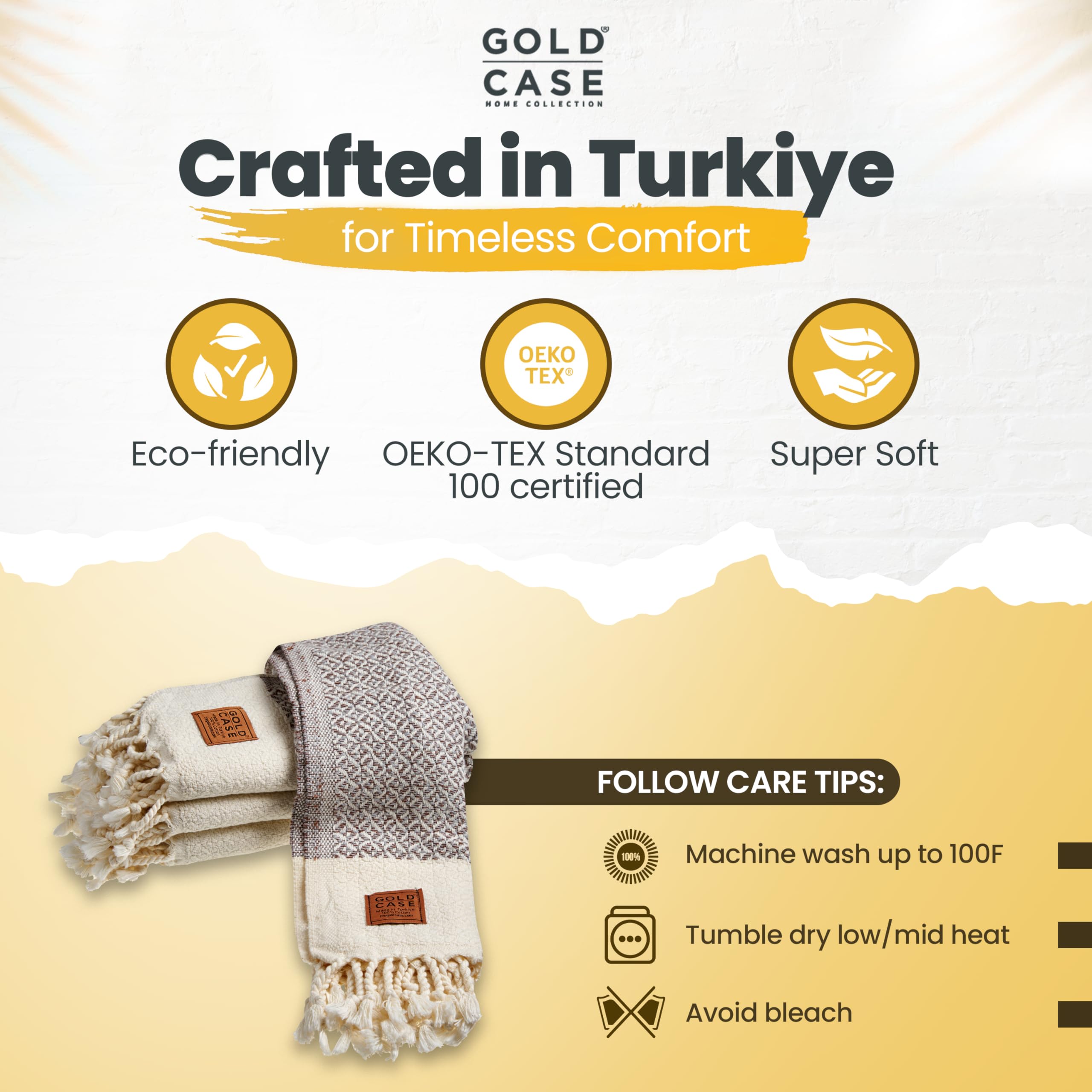 Gold CASE Turkish Hand Towels for Bathroom Set of 4 – 20 x 40'' – 100% Cotton Bathroom Towels – Aphrodite Kitchen Small Towel for Spa, Face, Tea & Dishcloth – Decorative Patterned Weave – Brown