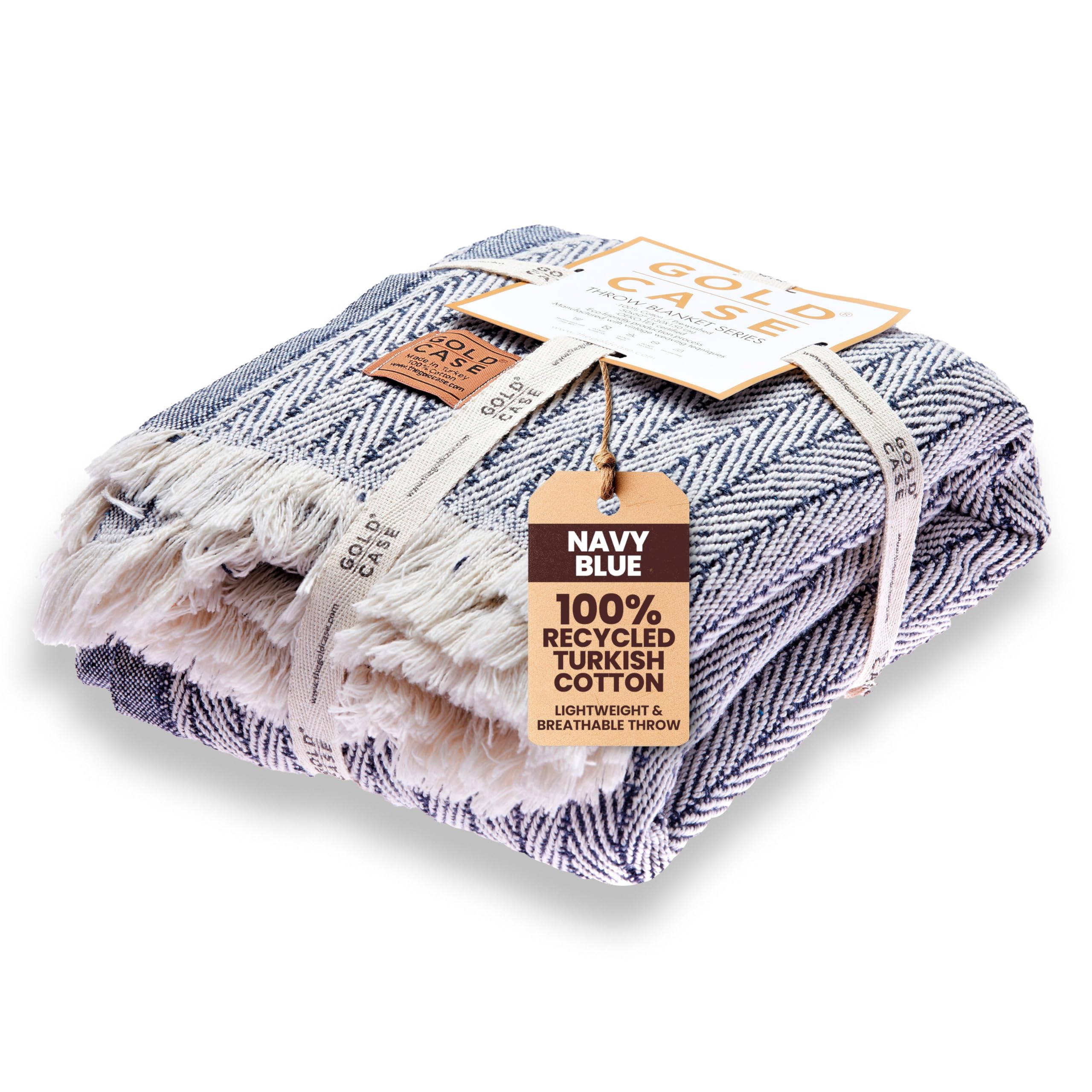 Gold Case Throw Blanket for Couch - 100% Recycled Turkish Cotton Blankets & Throws - Vintage Soft Throw Blankets for Living Room - Boho Decorative Woven Couch Blanket - 50x60 - Navy Blue