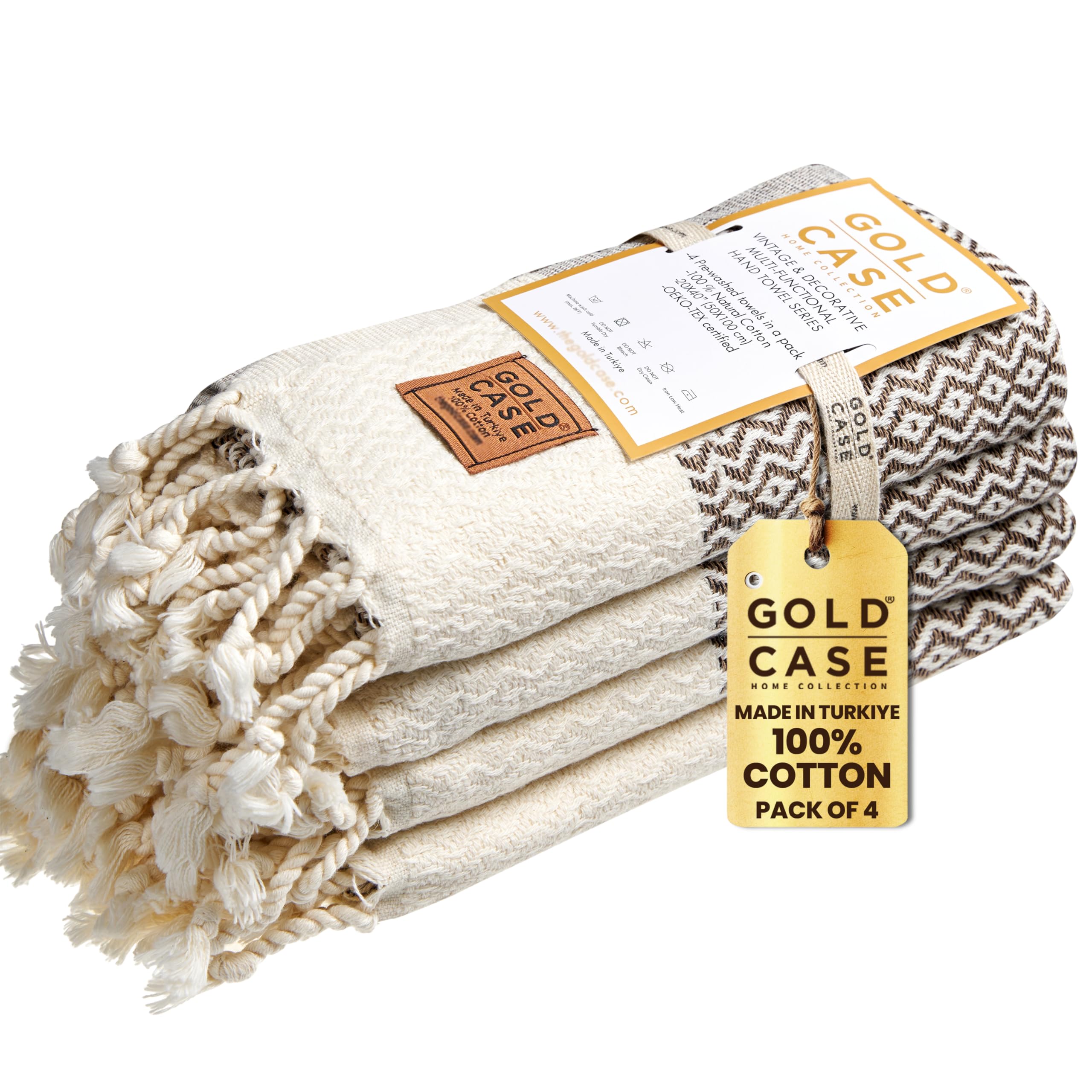 Gold CASE Turkish Hand Towels for Bathroom Set of 4–20x40''–100% Cotton Bathroom Hand Towels – Zeus Towel for Spa, Face, Tea & Dishcloth – Decorative Cloth – Brown
