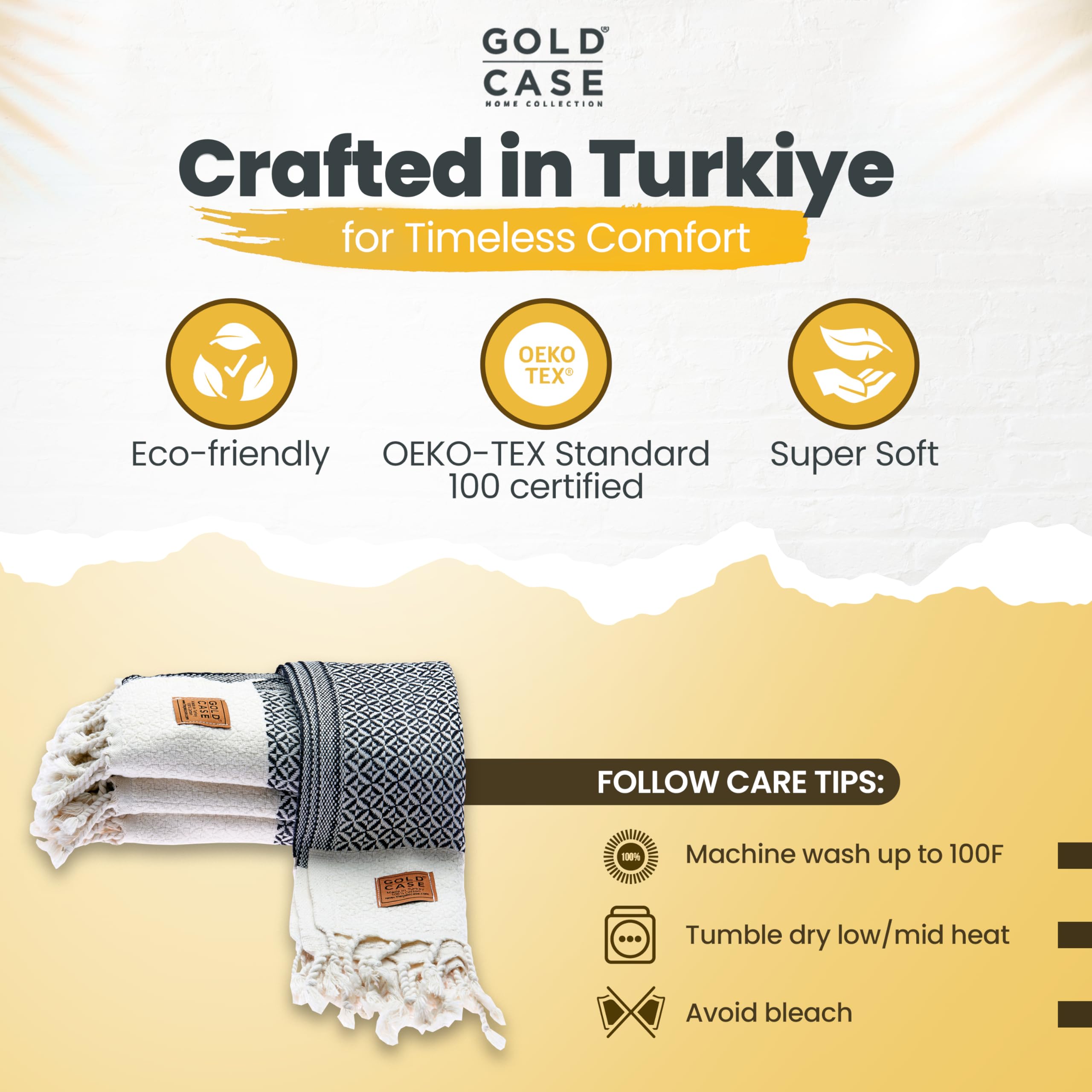 Gold CASE Turkish Hand Towels for Bathroom Set of 4 – 20 x 40'' – 100% Cotton Bathroom Towels – Aphrodite Kitchen Small Towel for Spa, Face, Tea & Dishcloth – Decorative Patterned Weave – Black