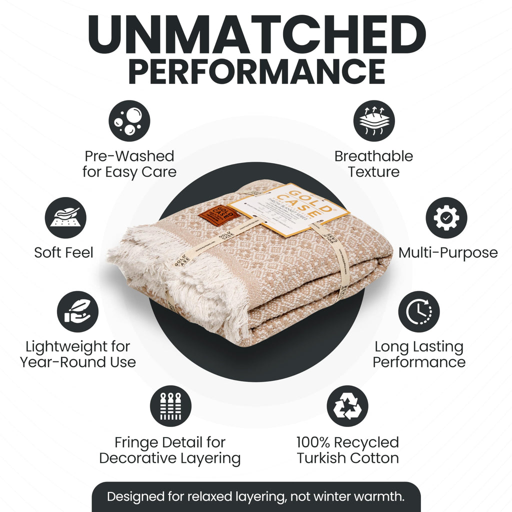 Gold Case Throw Blanket for Couch - 100% Recycled Turkish Cotton Blankets & Throws - Retro Soft Throw Blankets for Living Room - Boho Decorative Woven Couch Blanket - 50x60 - Beige