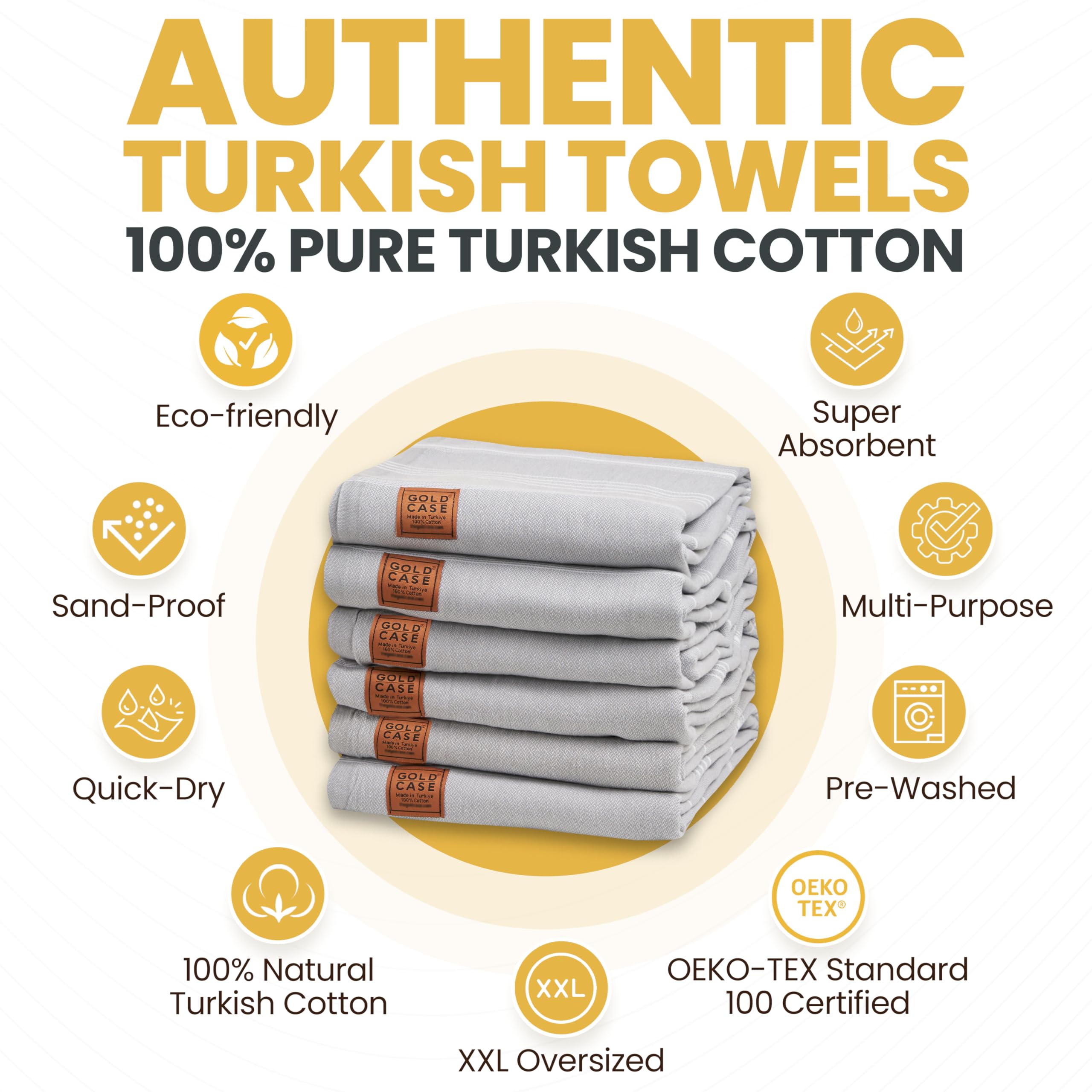 Gold CASE LYCIA Turkish Beach Towel Set of 6 – 100% Cotton Turkish Beach Towels Bulk 70 x 38'' – LYCIA Oversized, Quick Dry & Sand Free Beach Towel – Lightweight Towels Set in Grey