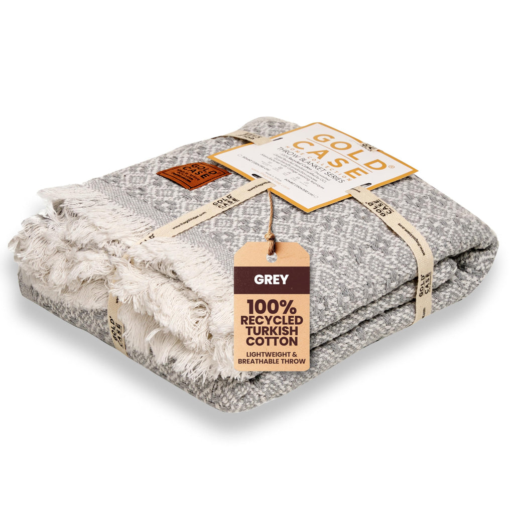Gold Case Throw Blanket for Couch - 100% Recycled Turkish Cotton Blankets & Throws - Retro Soft Throw Blankets for Living Room - Boho Decorative Woven Couch Blanket - 50x60 - Grey
