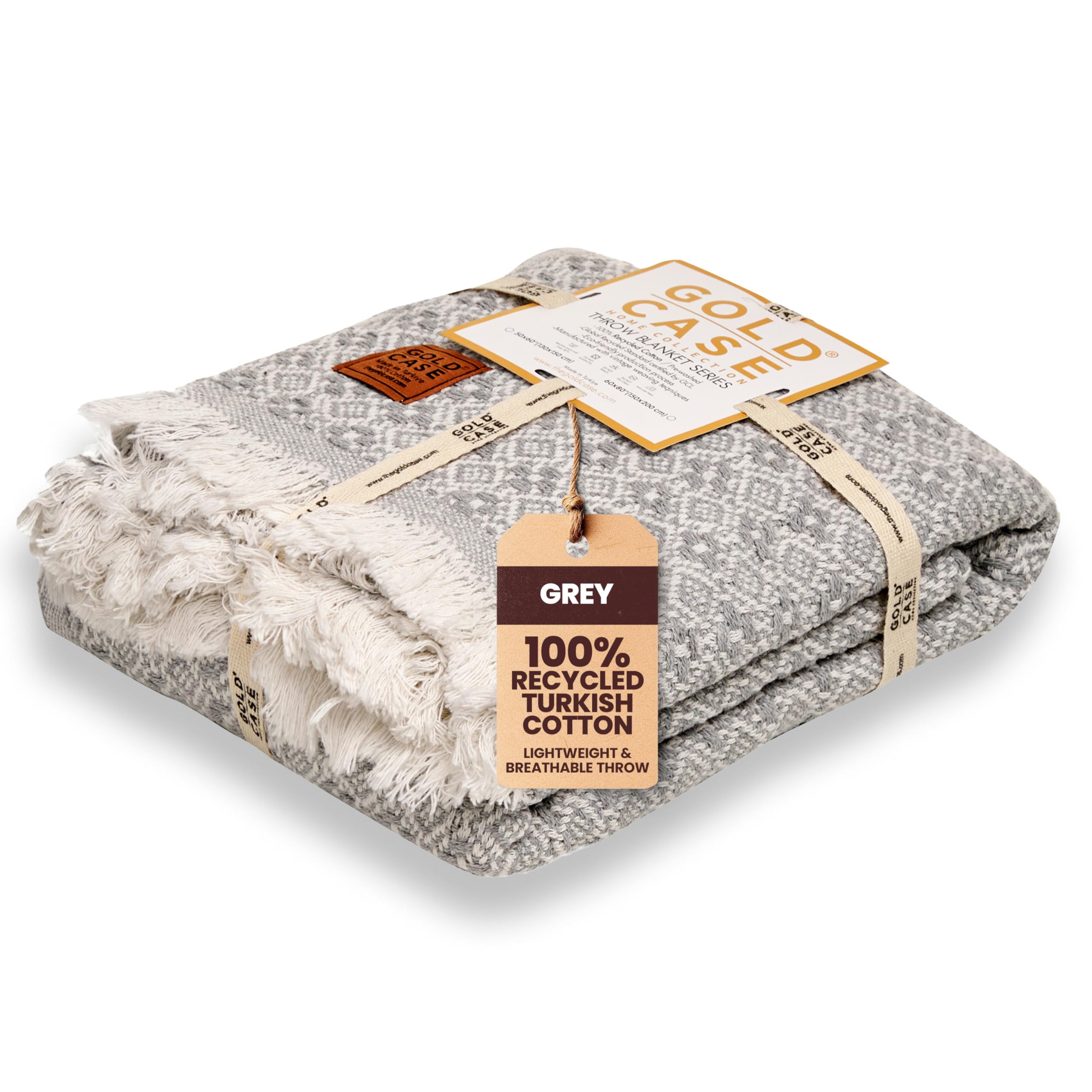 Gold Case Throw Blanket for Couch - 100% Recycled Turkish Cotton Blankets & Throws - Retro Soft Throw Blankets for Living Room - Boho Decorative Woven Couch Blanket - 50x60 - Grey