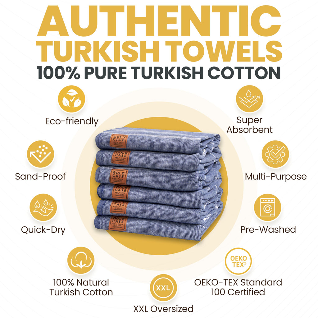 Gold CASE LYCIA Turkish Beach Towel Set of 6 – 100% Cotton Turkish Beach Towels Bulk 70 x 38'' – LYCIA Oversized, Quick Dry & Sand Free Beach Towel – Lightweight Towels Set in Navy Blue